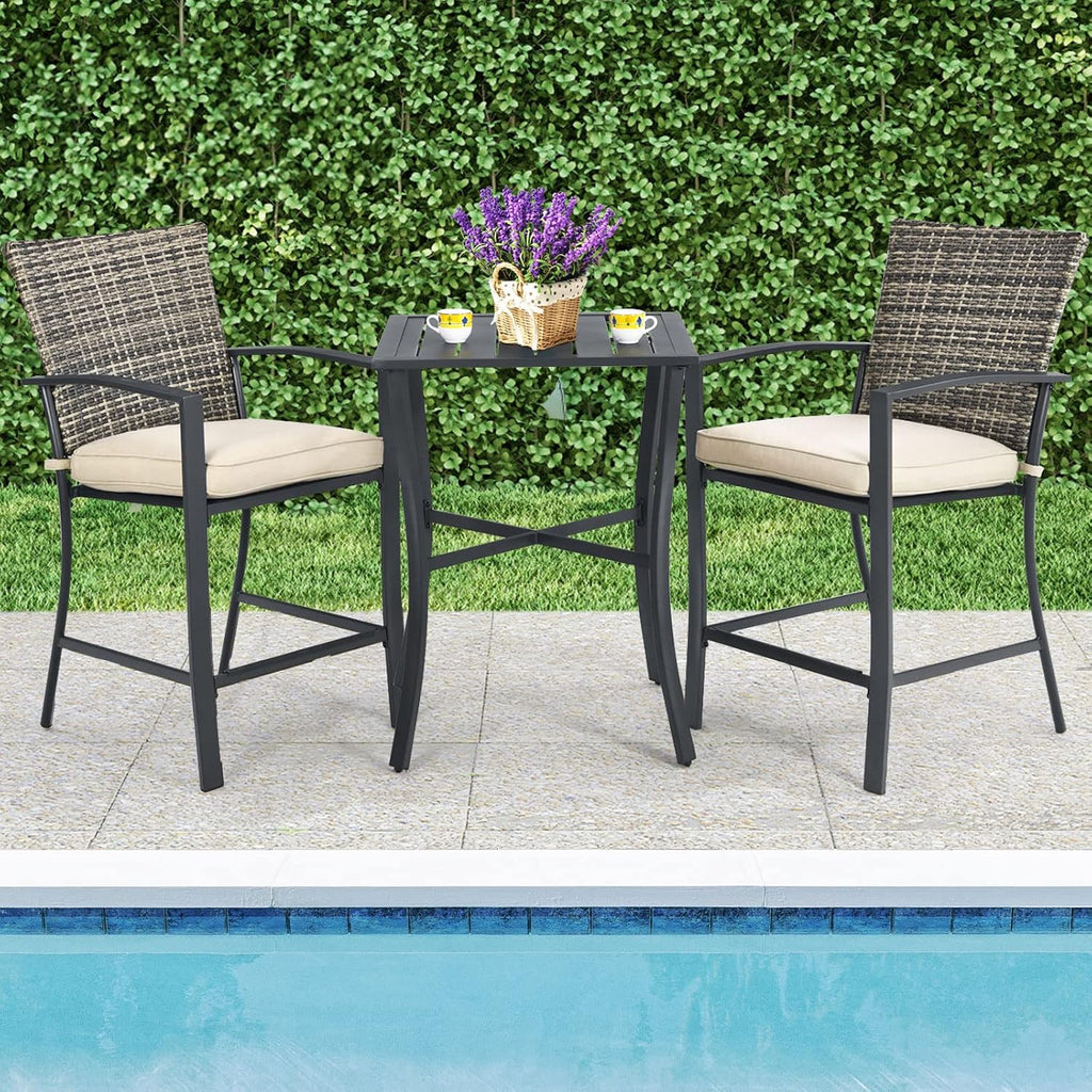 Tangkula 3 Piece Patio Bar Set, Outdoor Bistro Set w/ 27.5" Square Table, 2 Wicker Cushioned Chairs, Ergonomic Armrest & Backrest, All-Weather Rattan Furniture Set for Patio, Backyard, Garden