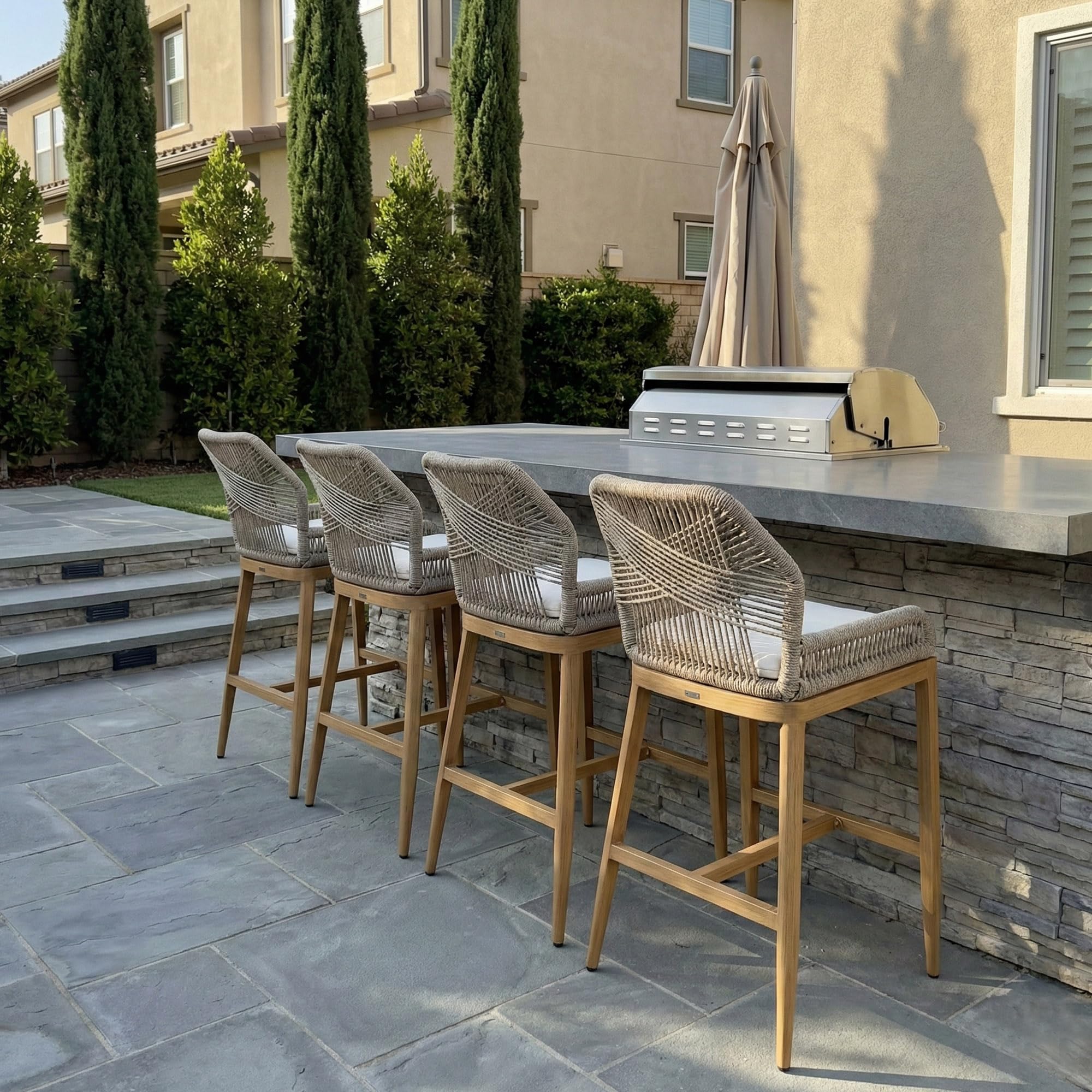 PURPLE LEAF Patio Counter Height Bar Stools 24" H Set of 2 Modern Rattan Bar Chairs Aluminum Stool Outdoor Wicker Barstools with Back and Cushion for Garden Kitchen Island