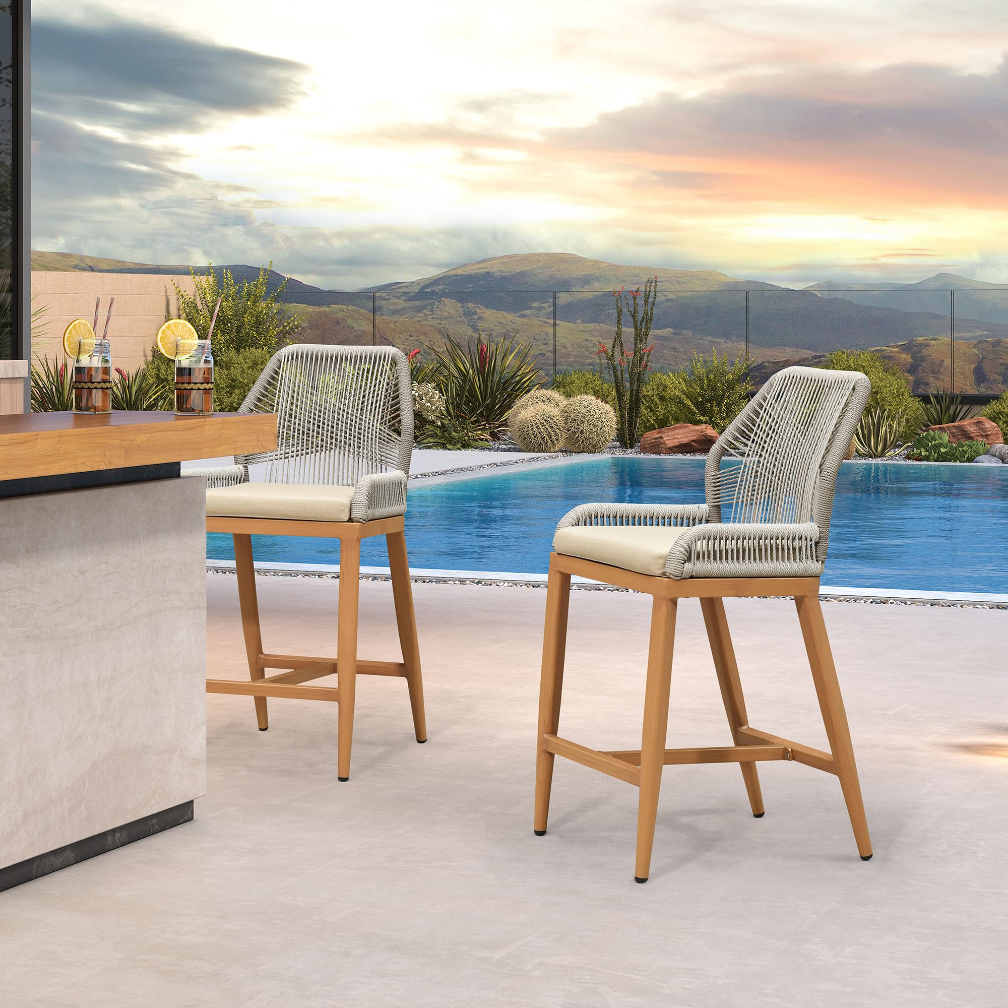 PURPLE LEAF Patio Sunbrella Counter Height Bar Stools 24" H Set of 2 Modern Rattan Bar Chairs Aluminum Stool Outdoor Wicker Barstools with Back and Cushion for Garden Kitchen Island