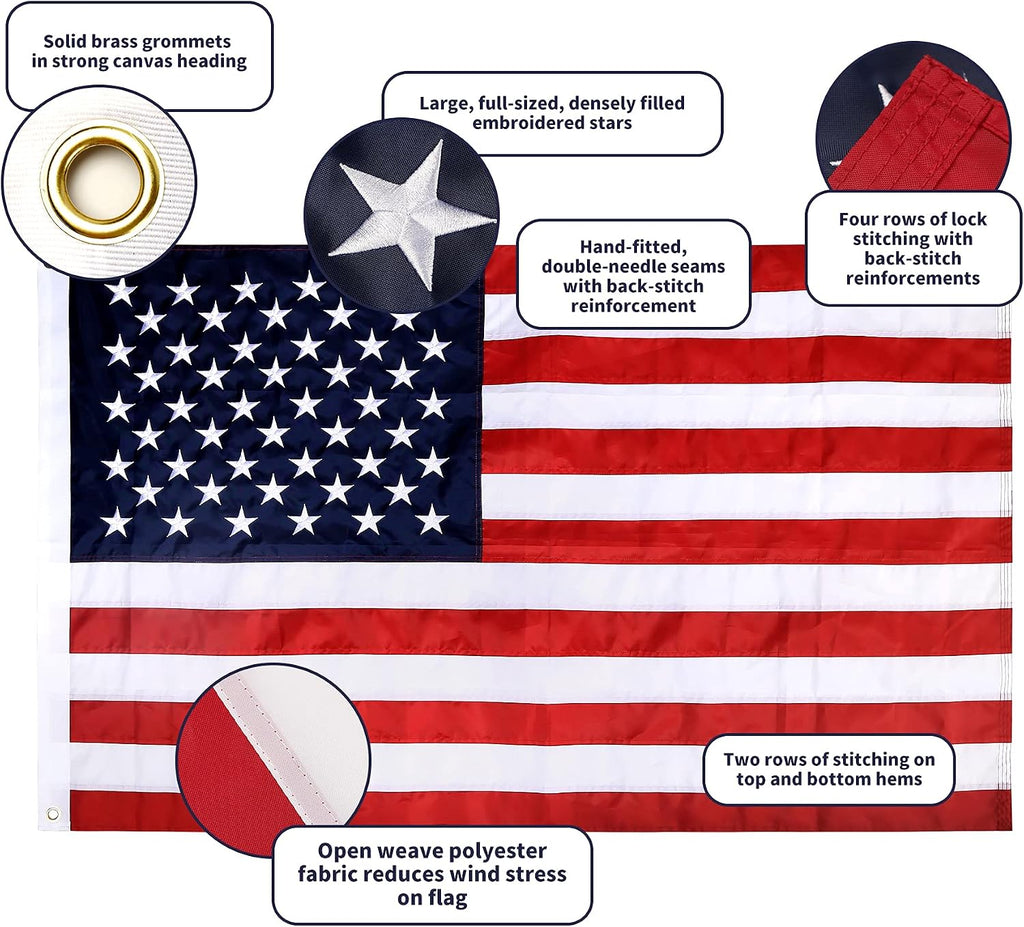 Quarut House Flag Pole Kit,Including 6Ft Stainless Steel Flag Pole,Heavy Duty Nylon 3x5 Ft American Flag,Aluminum Alloy Rings and Bracket.Wall Mounted Flagpole Set for Residential Commercial（Silvery）