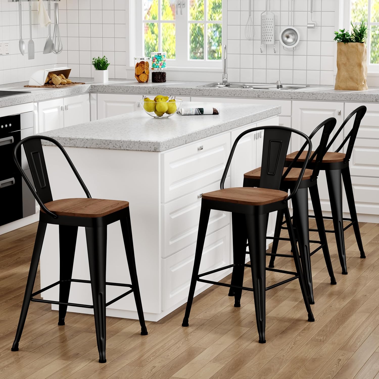 26 inch Bar Stools Set of 4, Black Metal High Back Counter Height Barstools with Large Wooden Seat Modern Farmhouse Kitchen Bar Chairs