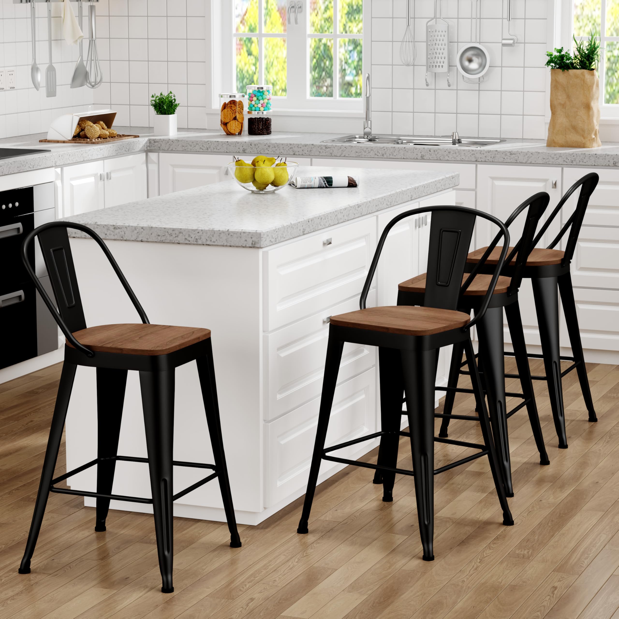 26 inch Bar Stools Set of 4, Black Metal High Back Counter Height Barstools with Large Wooden Seat Modern Farmhouse Kitchen Bar Chairs