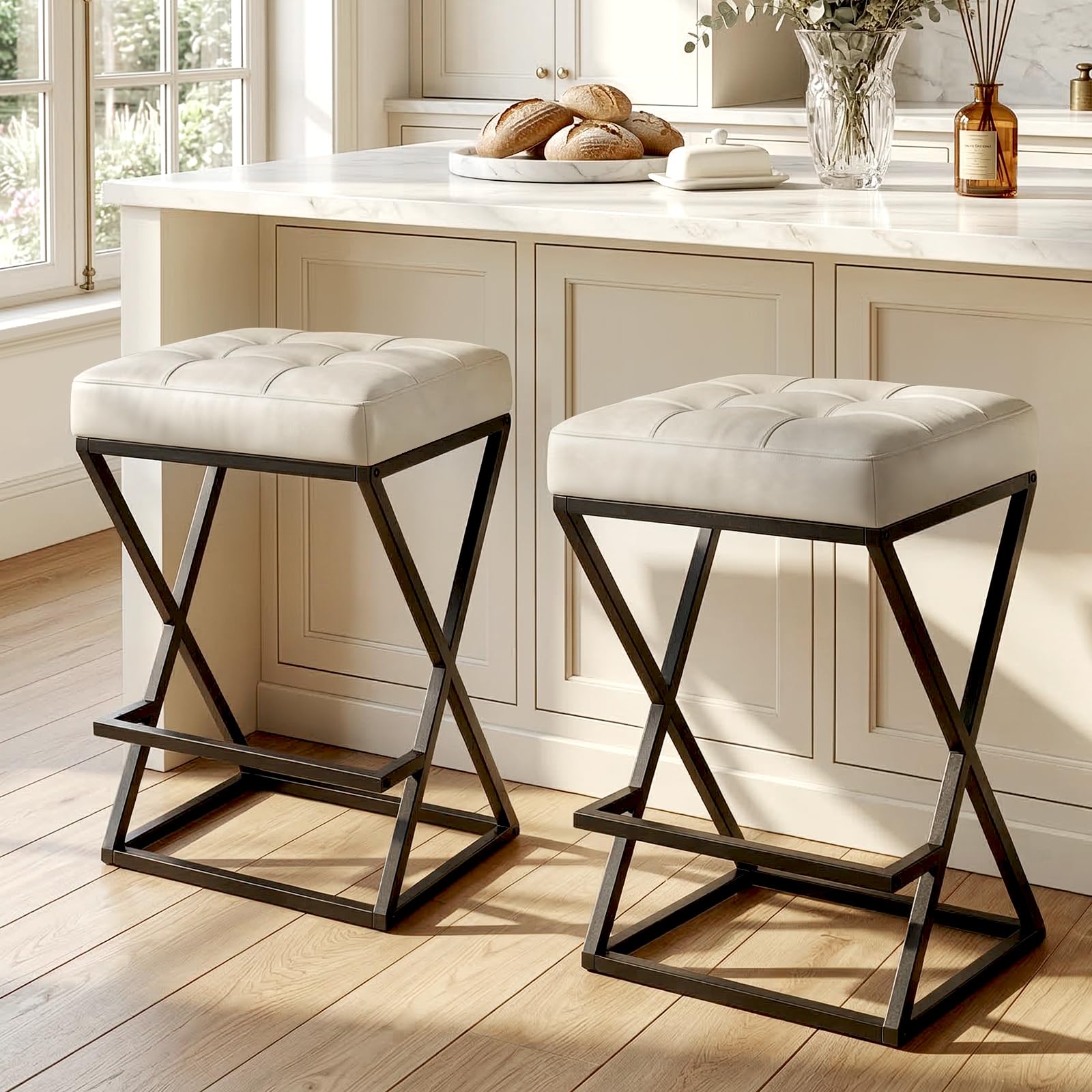 2 Pack Walnut Brown Faux Leather Backless Counter Stools with Metal X Frame Legs
