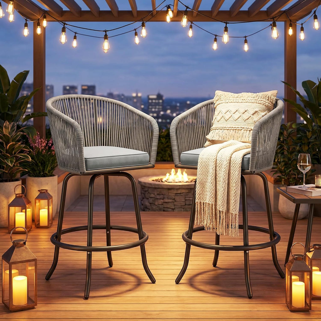 YITAHOME 27" Bar Stools Set of 2 with Arms & Cushions, 360° Swivel Outdoor Bar Stools, All Weather Counter Height Bar Stools Set of 2 with Curved Back for Backyard, Kitchen Island, Dining Room, Gray