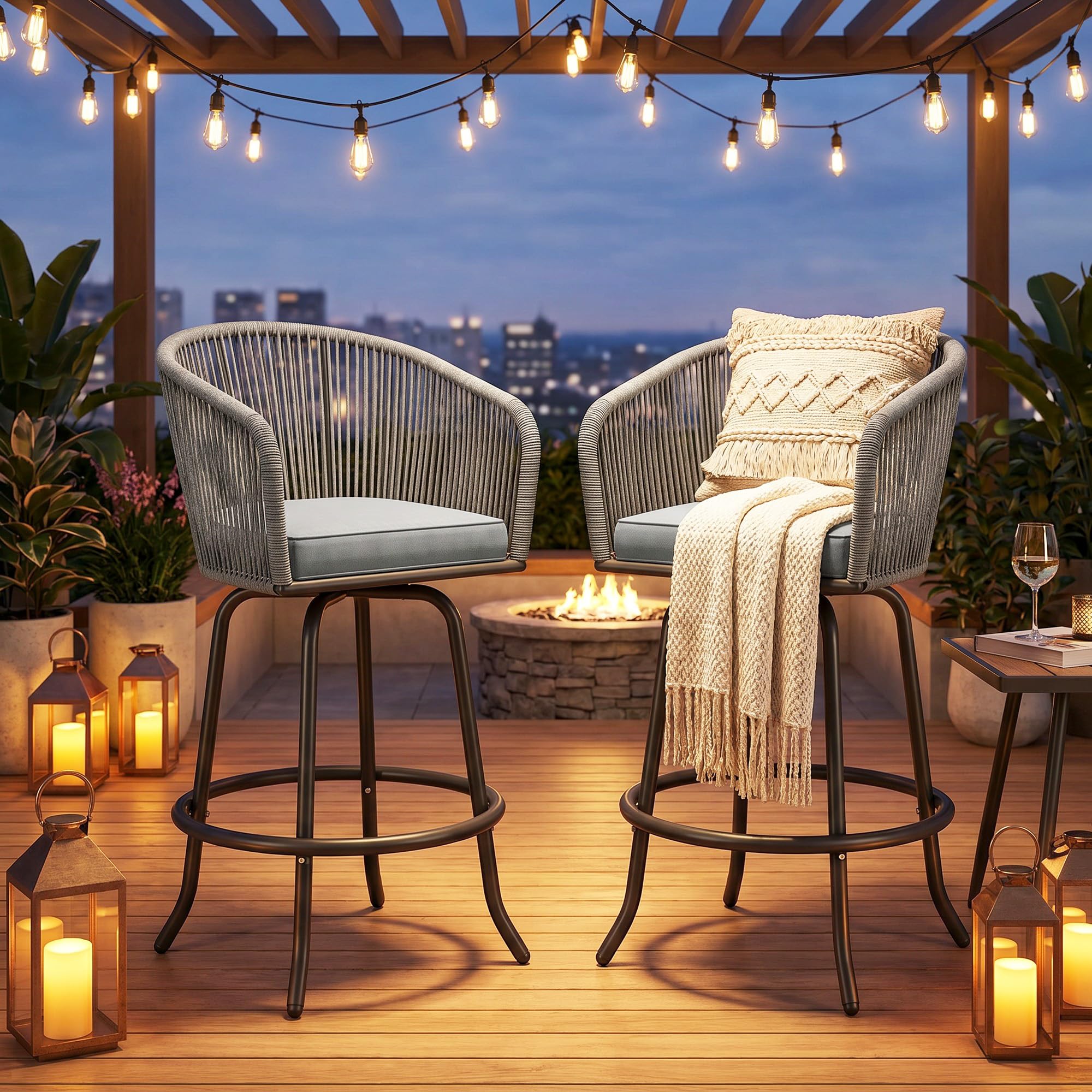 YITAHOME 27" Bar Stools Set of 2 with Arms & Cushions, 360° Swivel Outdoor Bar Stools, All Weather Counter Height Bar Stools Set of 2 with Curved Back for Backyard, Kitchen Island, Dining Room, Gray