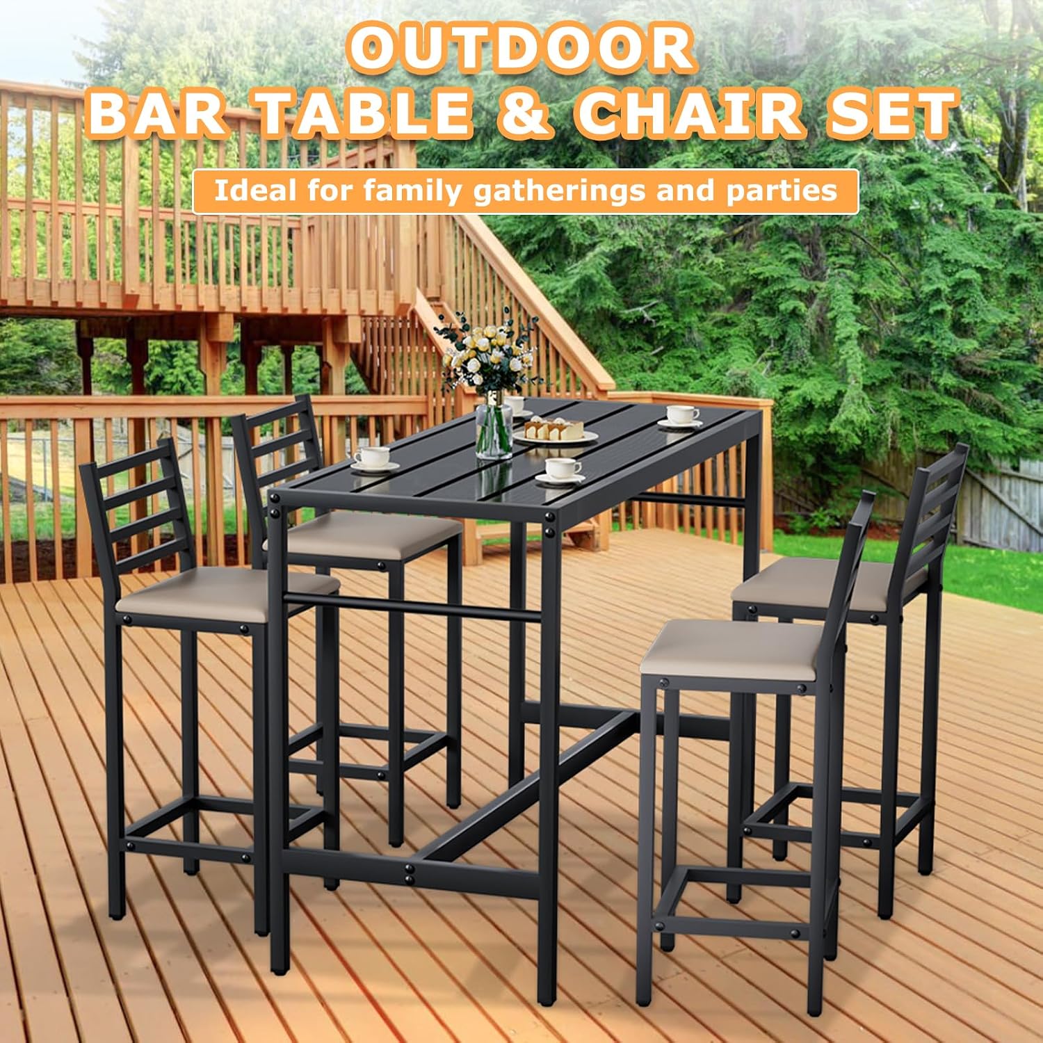 5 Piece Outdoor Bar Table & Chairs Set, 50" Rectangular Height Dining Table Set with 4 Bar Chairs Soft Seat with Backrest, High Metal Breakfast Table, High Top Table & Chairs for Kitchen, Restaurant