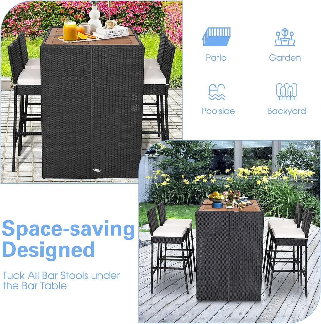 Tangkula 5 Piece Patio Wicker Bar Set, Patiojoy Outdoor Acacia Wood Bar Height Table & 4 Rattan Bar Stool Chairs with Backrest and Footrest, Outdoor Dining Bistro Set