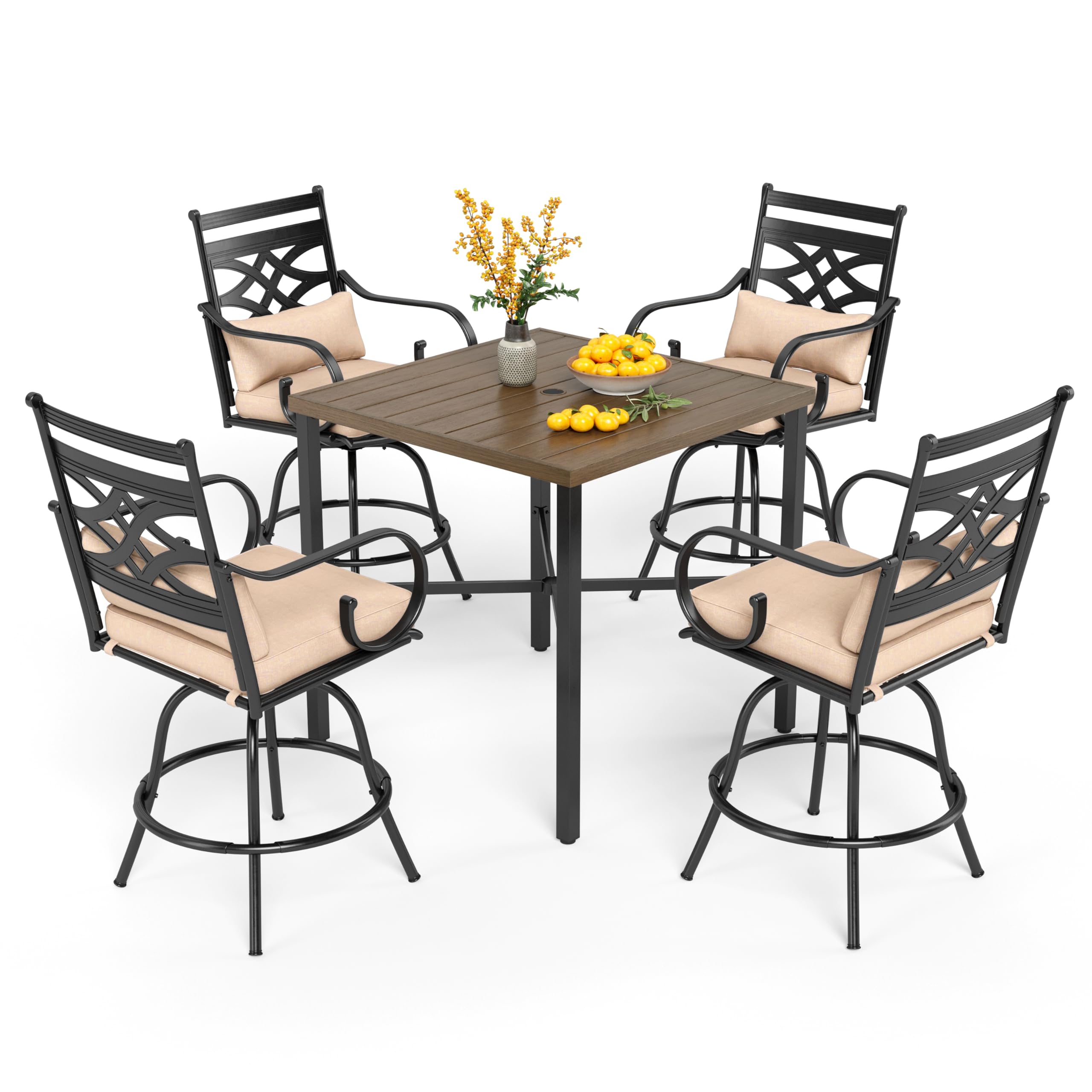 PHI VILLA 7 Piece Outdoor Bar Set, Counter Height Patio Bar Furniture Rectangle Dining Table and 6 Swivel Bar Stools Chairs with Brown Textilene Fabric for Garden,Yard and Deck