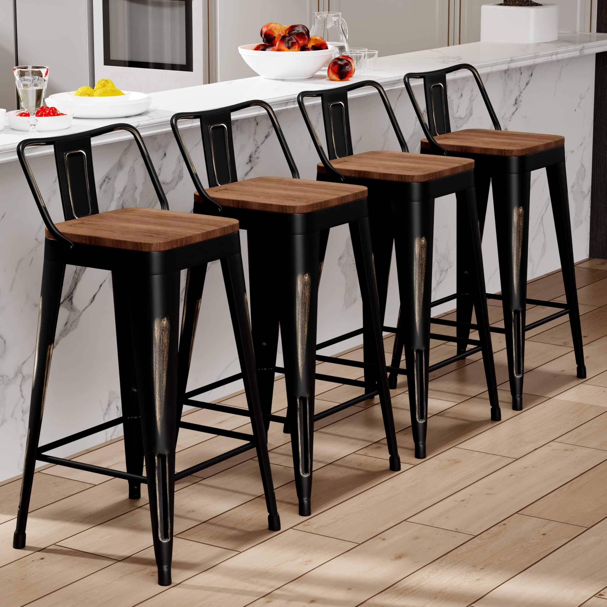Alunaune 26" Metal Bar Stools Set of 4 Industrial Counter Height Barstools Kitchen Counter Stool Modern Wood Seat-Distressed Teal