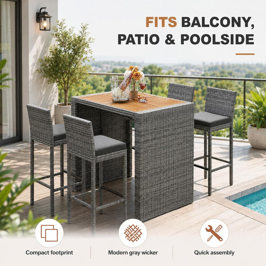 5 Piece Outdoor Bar Set with Acacia Wood Table Top, Gray Wicker Bar Height Table and Chairs with Cushions, Patio High Top Dining Set for 4, for Poolside Backyard Balcony