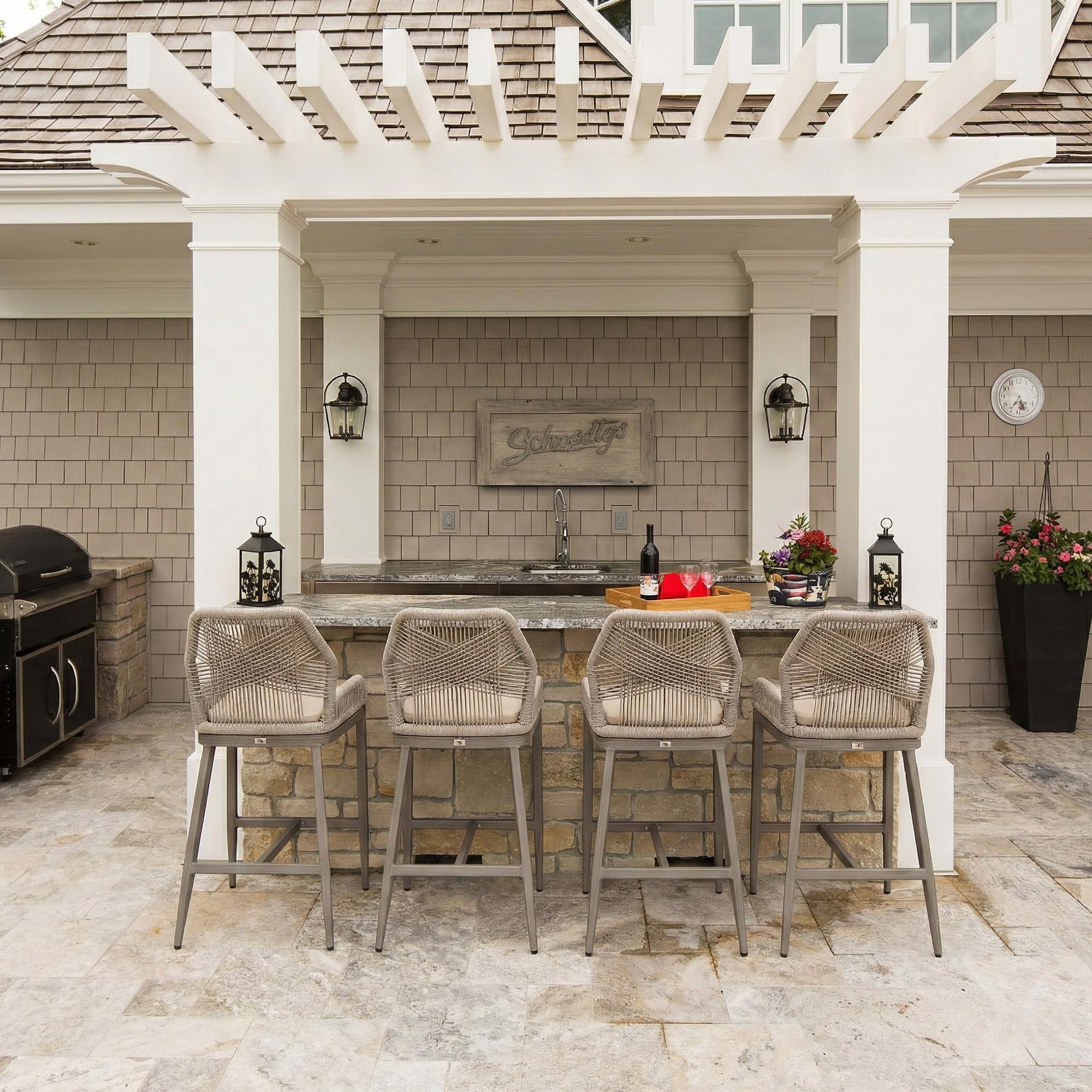 PURPLE LEAF Patio Sunbrella Counter Height Bar Stools 24" H Set of 2 Modern Rattan Bar Chairs Aluminum Stool Outdoor Wicker Barstools with Back and Cushion for Garden Kitchen Island