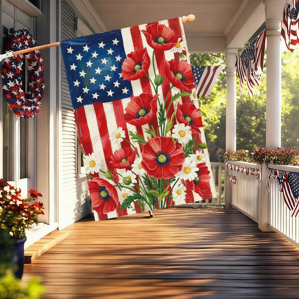 Baccessor 4th of July American House Flag 28x40 Inch Double Sided Burlap,Patriotic Memorial Day the Stars and Stripes Floral Flowers Summer Porch Holiday Seasonal Outdoor Outside Decoration