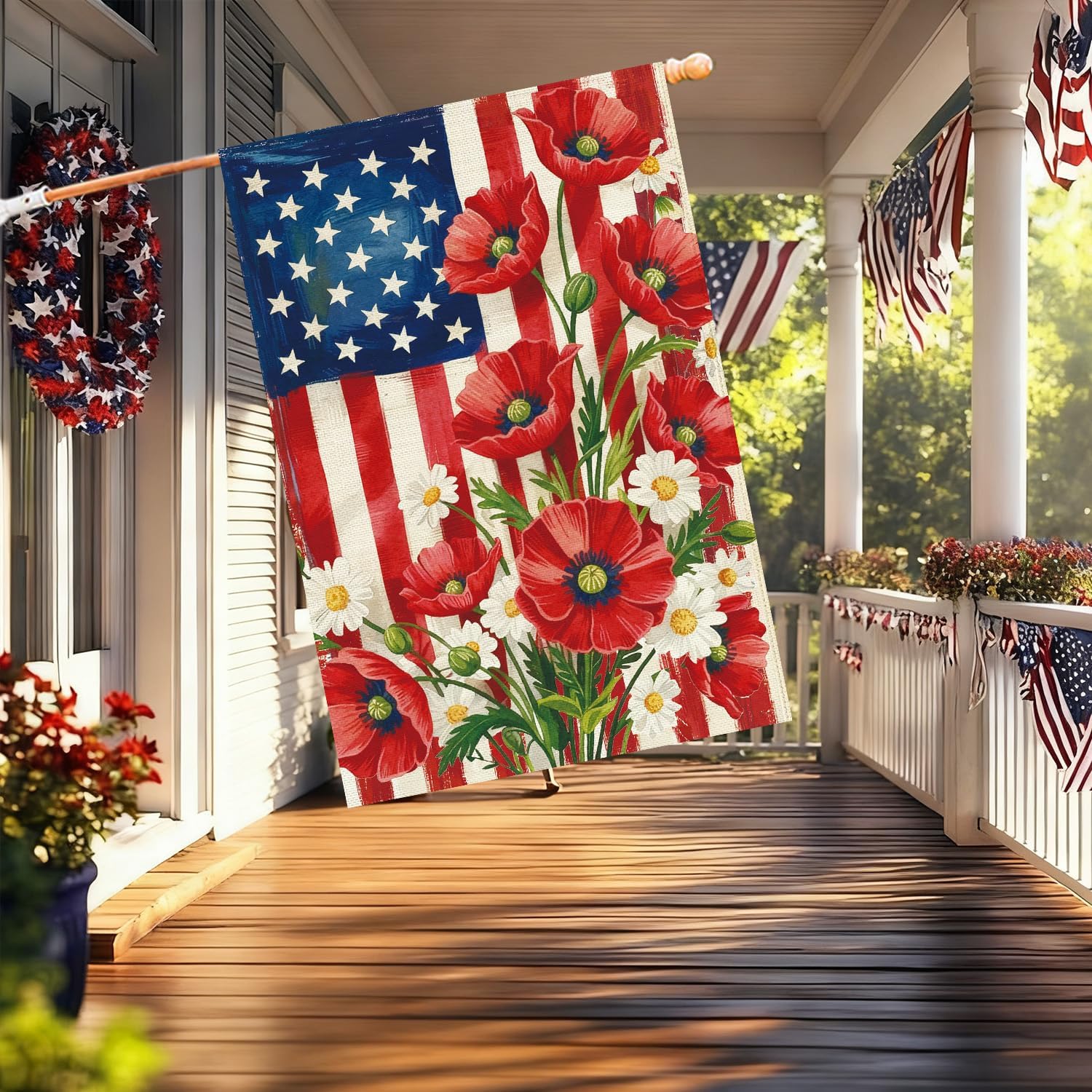 Baccessor 4th of July American House Flag 28x40 Inch Double Sided Burlap,Patriotic Memorial Day the Stars and Stripes Floral Flowers Summer Porch Holiday Seasonal Outdoor Outside Decoration