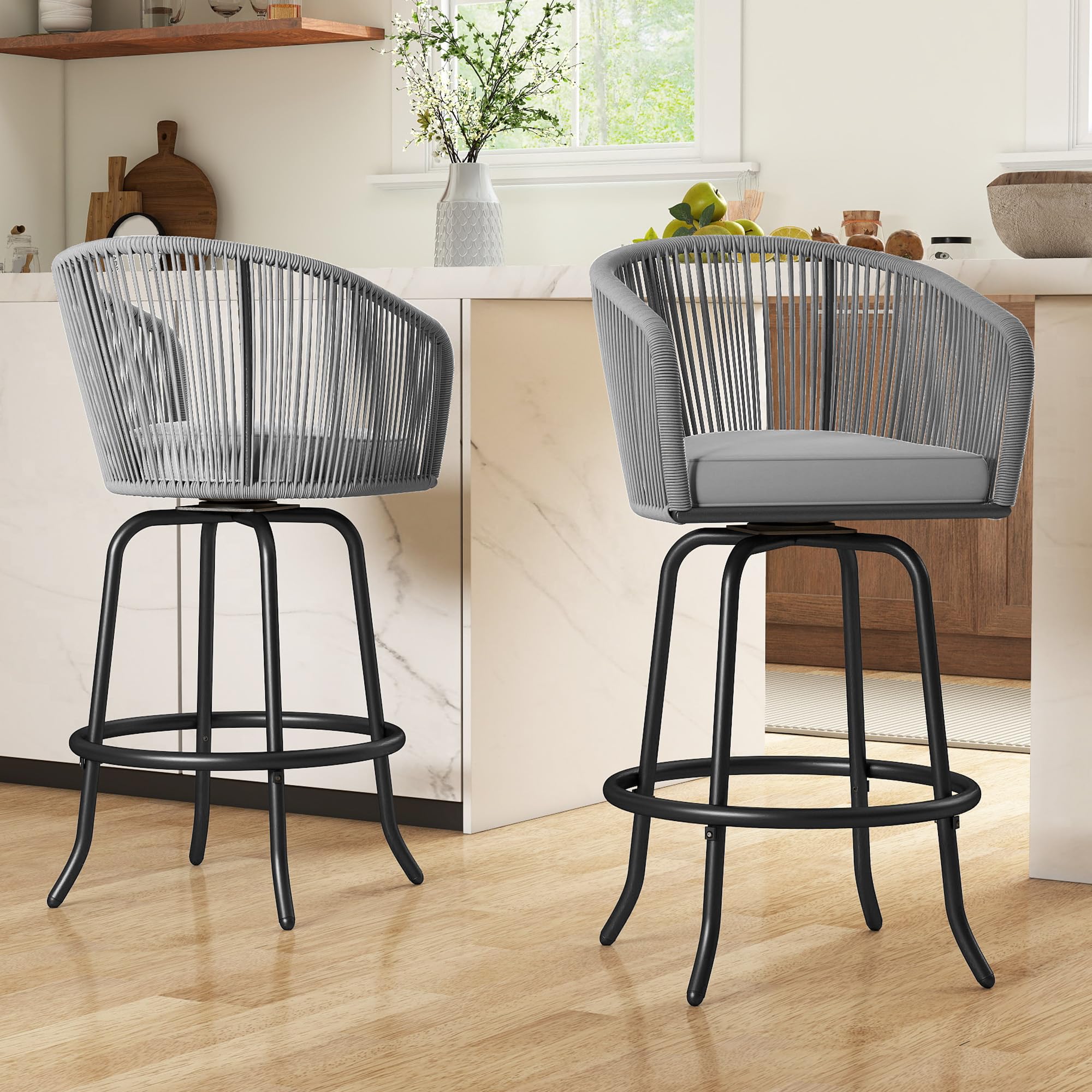 YITAHOME Counter Height Bar Stools Set of 2, Outdoor Bar Stools with Soft Cushions, Patio Rattan Swivel Bar Chairs for Backyard Poolside, Garden w /360 Rotation (Beige)