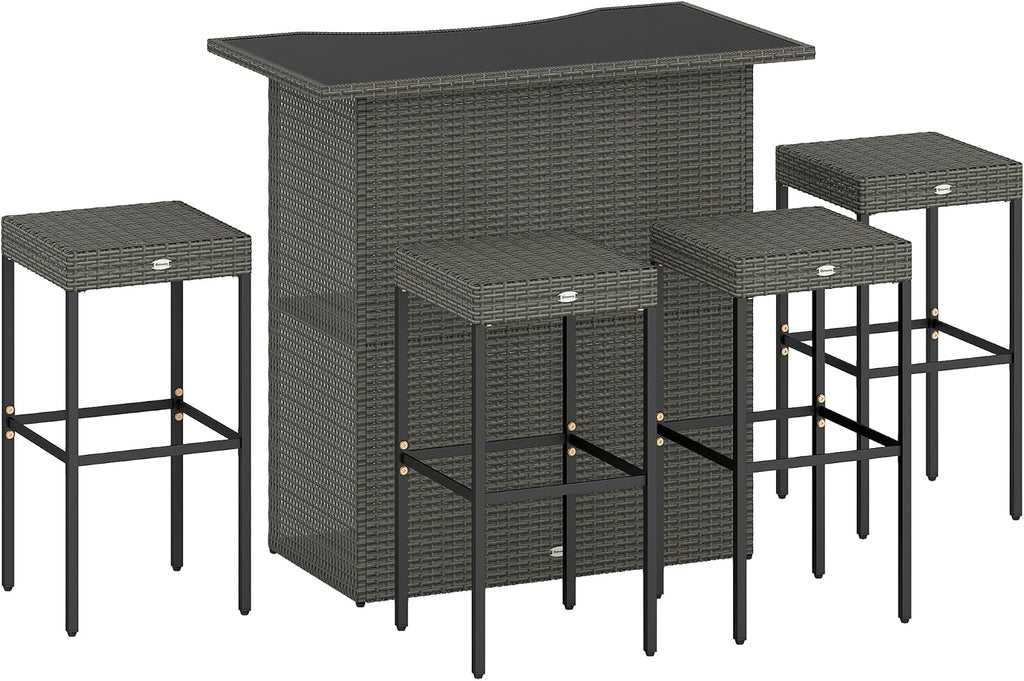 Outsunny 5 Piece Wicker Outdoor Bar Set, High Top Outdoor Table and Chairs, Height Patio Set with Glass Table Top 2 Tier Storage Shelf and 4 Bar Stools for Garden, Poolside, Dark Gray