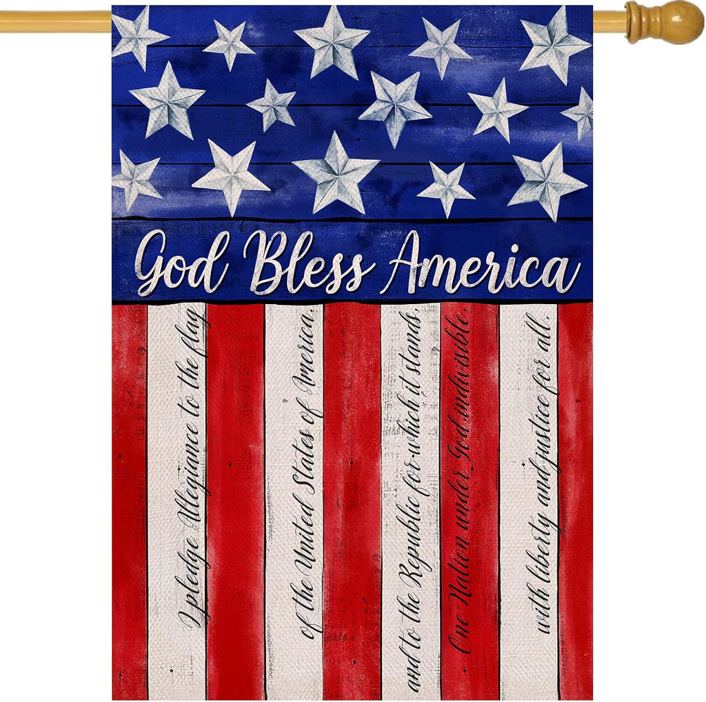 Artofy God Bless America 4th of July Home Decorative House Flag, Garden Yard American Stars Stripes Outside Decor, USA Patriotic Outdoor Large Burlap Decoration Double Sided 28 x 40
