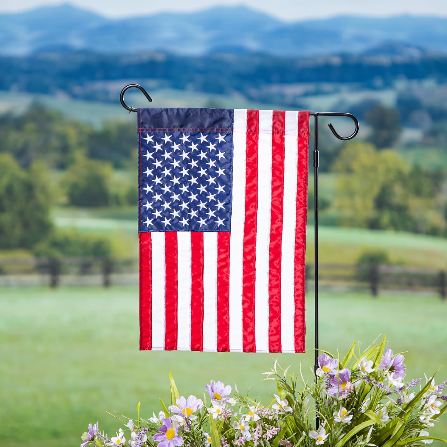 Evergreen 2 pcs American Flags with 2 Flag Stands | Set of 4 | Garden Flags 12x18 Double Sided | Patriotic House Flags For Outside | Small American Flag Garden Size | Embroidered Stars and Stripes | USA Residential or Commercial