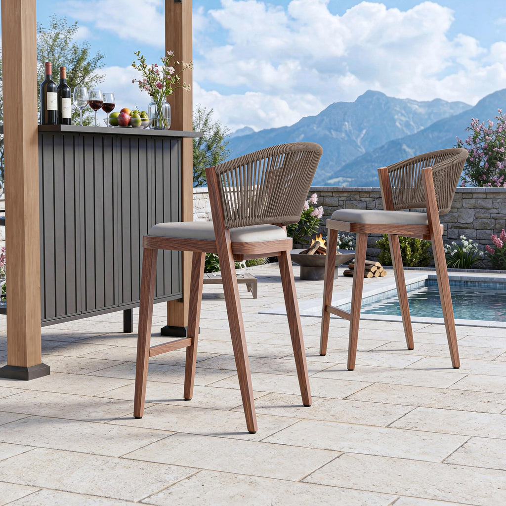 Modern Shade Chatham Outdoor Counter Height Bar Stool Set of 2 with Rope Woven Backrest, Wood Grain Aluminum Frame & Cushioned Seat, Modern Counter Height Bar Stool for Patio, Kitchen & Home Bar