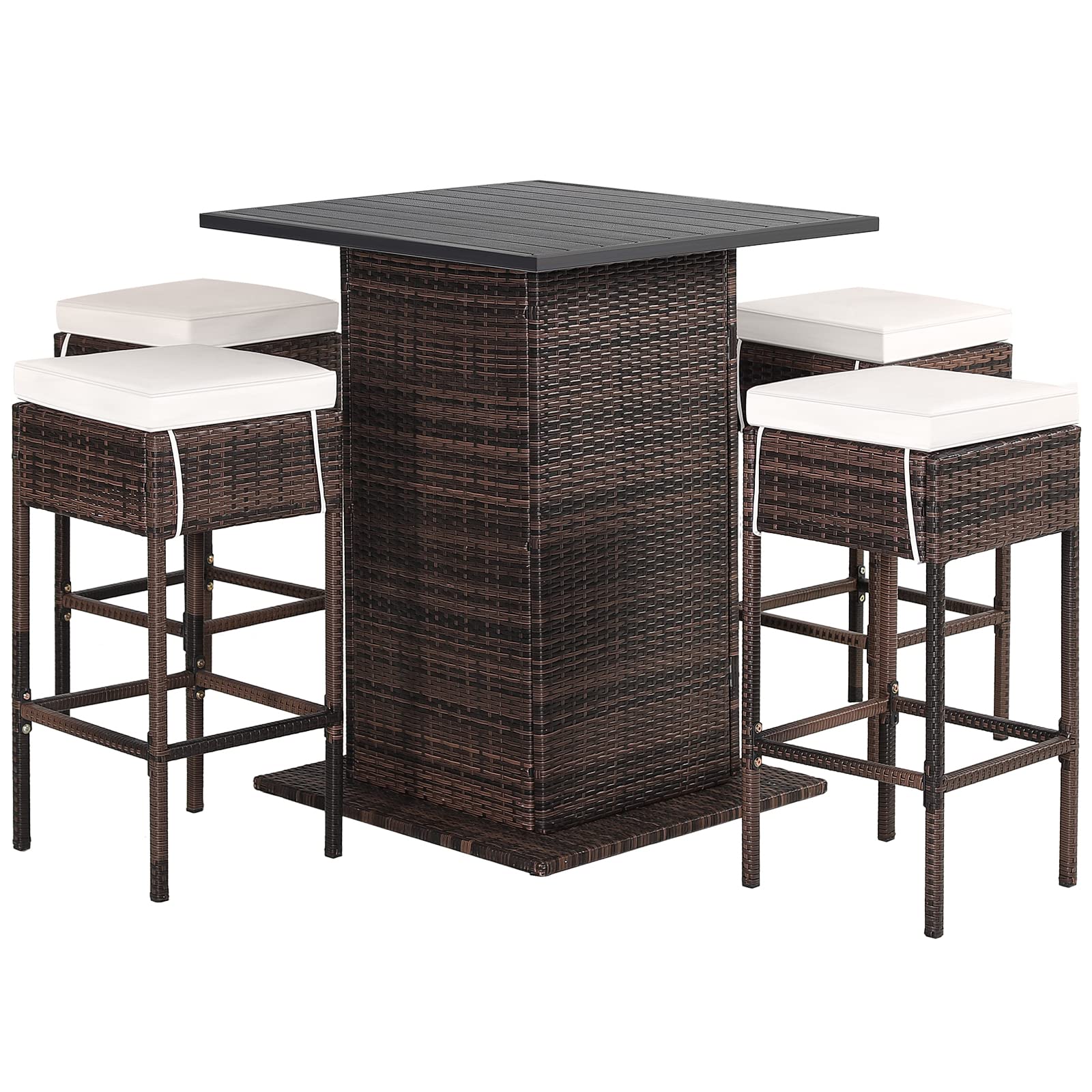 HAPPYGRILL 5 Pieces Rattan Bar Set, Outdoor Wicker Bar Table and 4 Bar Stools, Heavy-Duty Steel Frame, Patio Bar Furniture Set with Cushions, Black