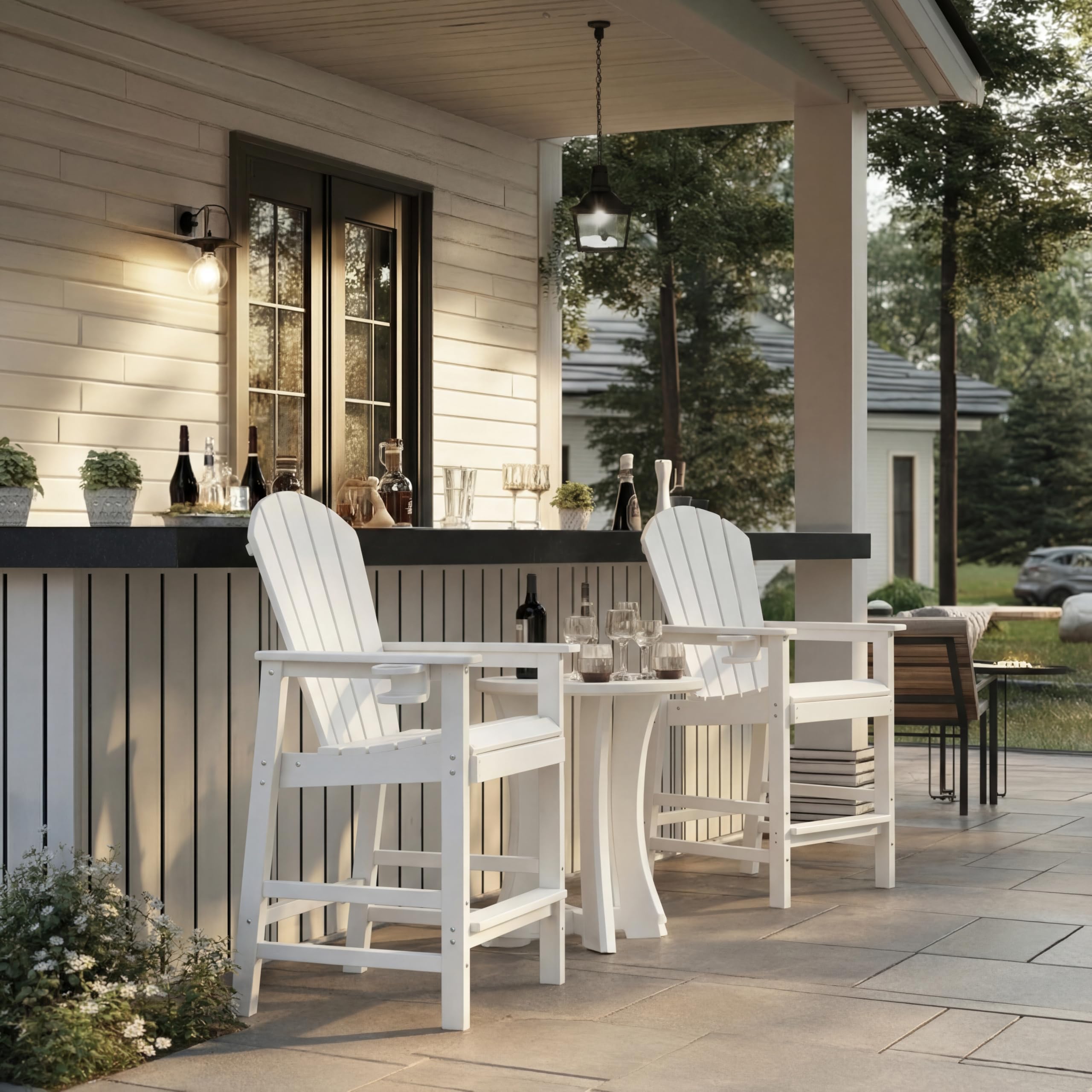 WILLIAMSPACE Patio Bar Table Set of 5, Outdoor Wicker Height Bar Table & 4 Chairs with Cushions & Wood Tabletop, Bistro Set for Backyards Porches (Brown+Grey)