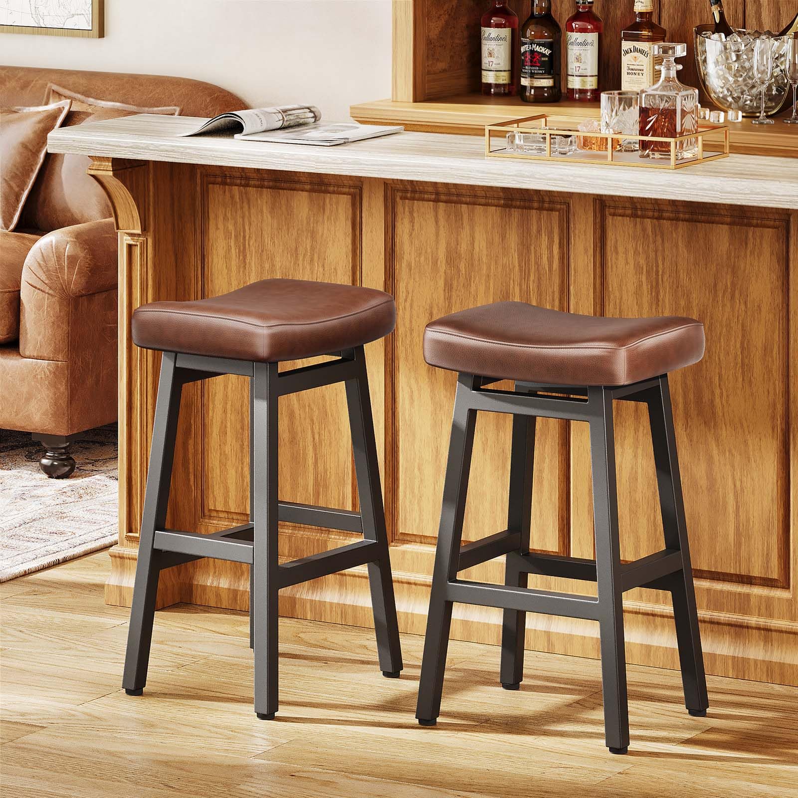 Raynesys Counter Height Bar Stools Set of 2, 24 Inch Barstools for Kitchen Counter, Kitchen Stools with Bonded Leather Saddle Seats & Heavy Duty Metal Legs, Easy Assembly, All Black