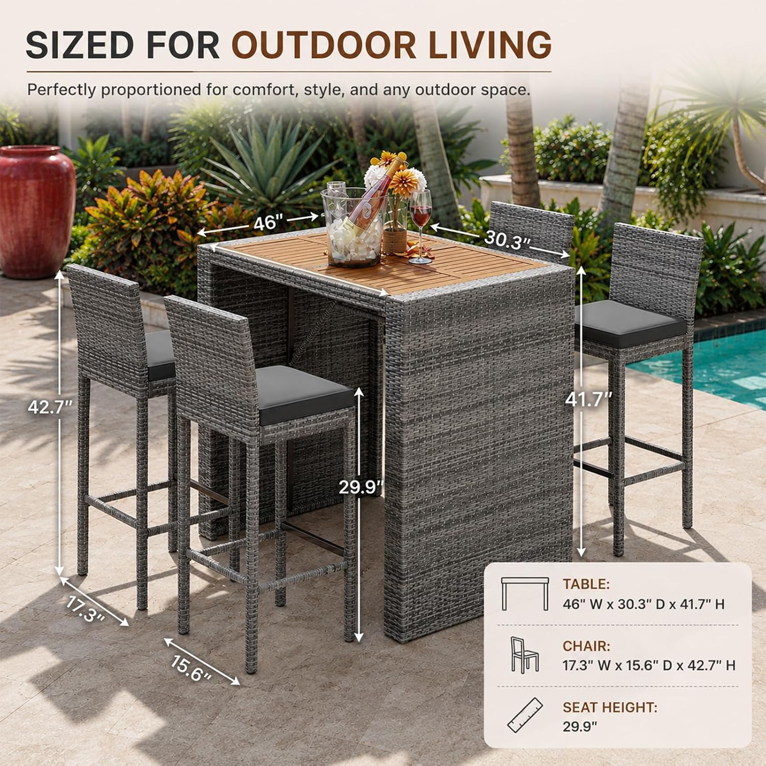 5 Piece Outdoor Bar Set with Acacia Wood Table Top, Gray Wicker Bar Height Table and Chairs with Cushions, Patio High Top Dining Set for 4, for Poolside Backyard Balcony