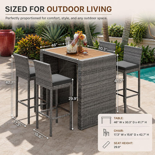 5 Piece Outdoor Bar Set with Acacia Wood Table Top, Gray Wicker Bar Height Table and Chairs with Cushions, Patio High Top Dining Set for 4, for Poolside Backyard Balcony