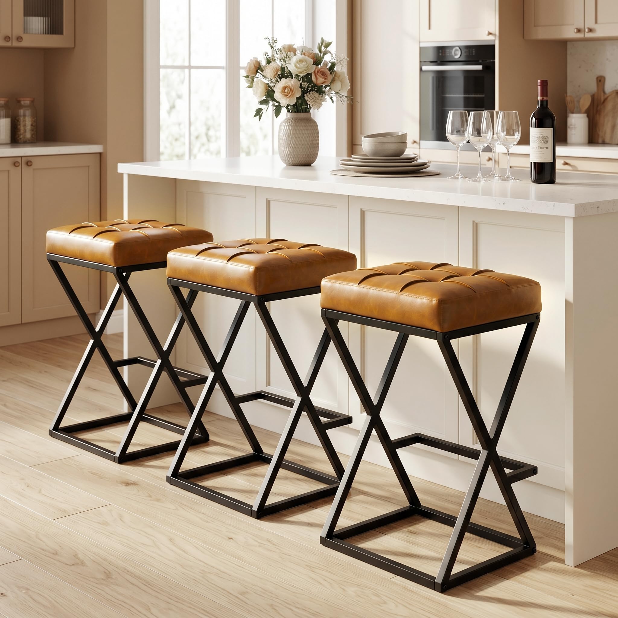 2 Pack Walnut Brown Faux Leather Backless Counter Stools with Metal X Frame Legs