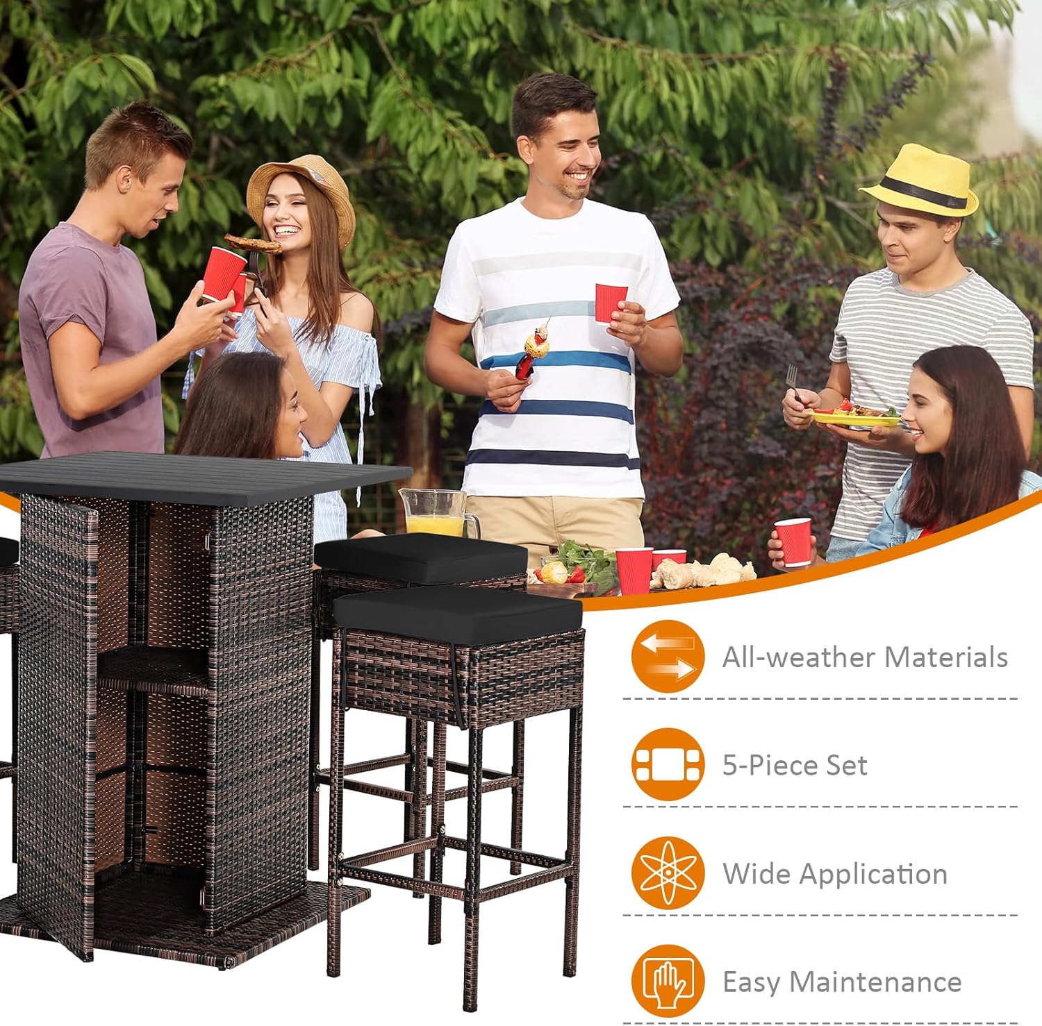 HAPPYGRILL 5 Pieces Rattan Bar Set, Outdoor Wicker Bar Table and 4 Bar Stools, Heavy-Duty Steel Frame, Patio Bar Furniture Set with Cushions, Black