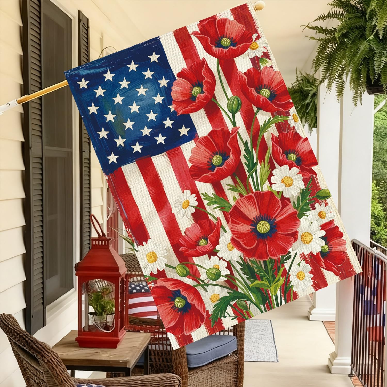 Baccessor 4th of July American House Flag 28x40 Inch Double Sided Burlap,Patriotic Memorial Day the Stars and Stripes Floral Flowers Summer Porch Holiday Seasonal Outdoor Outside Decoration