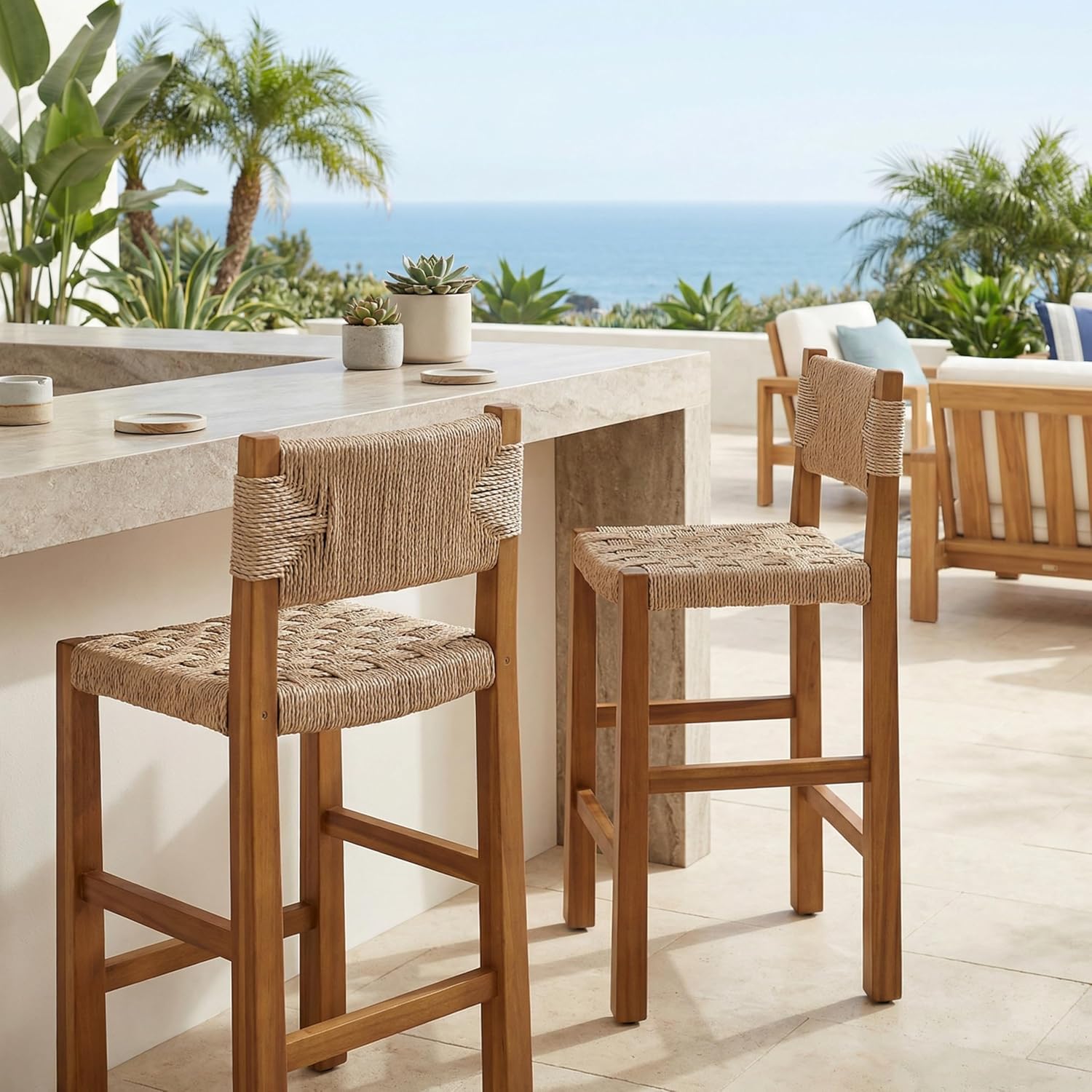 Christopher Knight Home 2-Pack Outdoor Counter Height Bar Stools with Backrest, Acacia Wood Frame Woven Wicker, 28" Patio Bar Chairs with Teak Finish for Deck Balcony Outdoor Bar Table, Light Brown