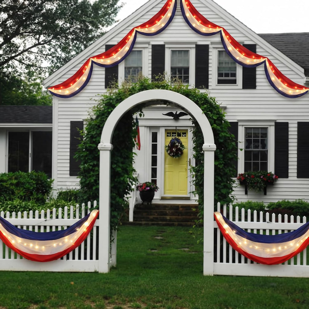 Tegeme 2 Pack 20 ft x 1.6 ft Lighted American Bunting Flag 4th of July Decor Red White Blue Patriotic Banner American Flag Lights for 250th Anniversary Independence Day Outside Yard Decor(Stripes)