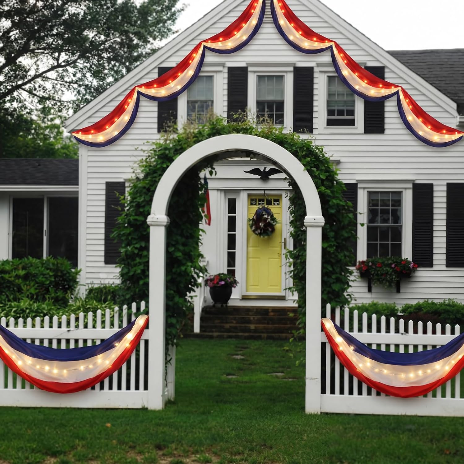 Tegeme 2 Pack 20 ft x 1.6 ft Lighted American Bunting Flag 4th of July Decor Red White Blue Patriotic Banner American Flag Lights for 250th Anniversary Independence Day Outside Yard Decor(Stripes)