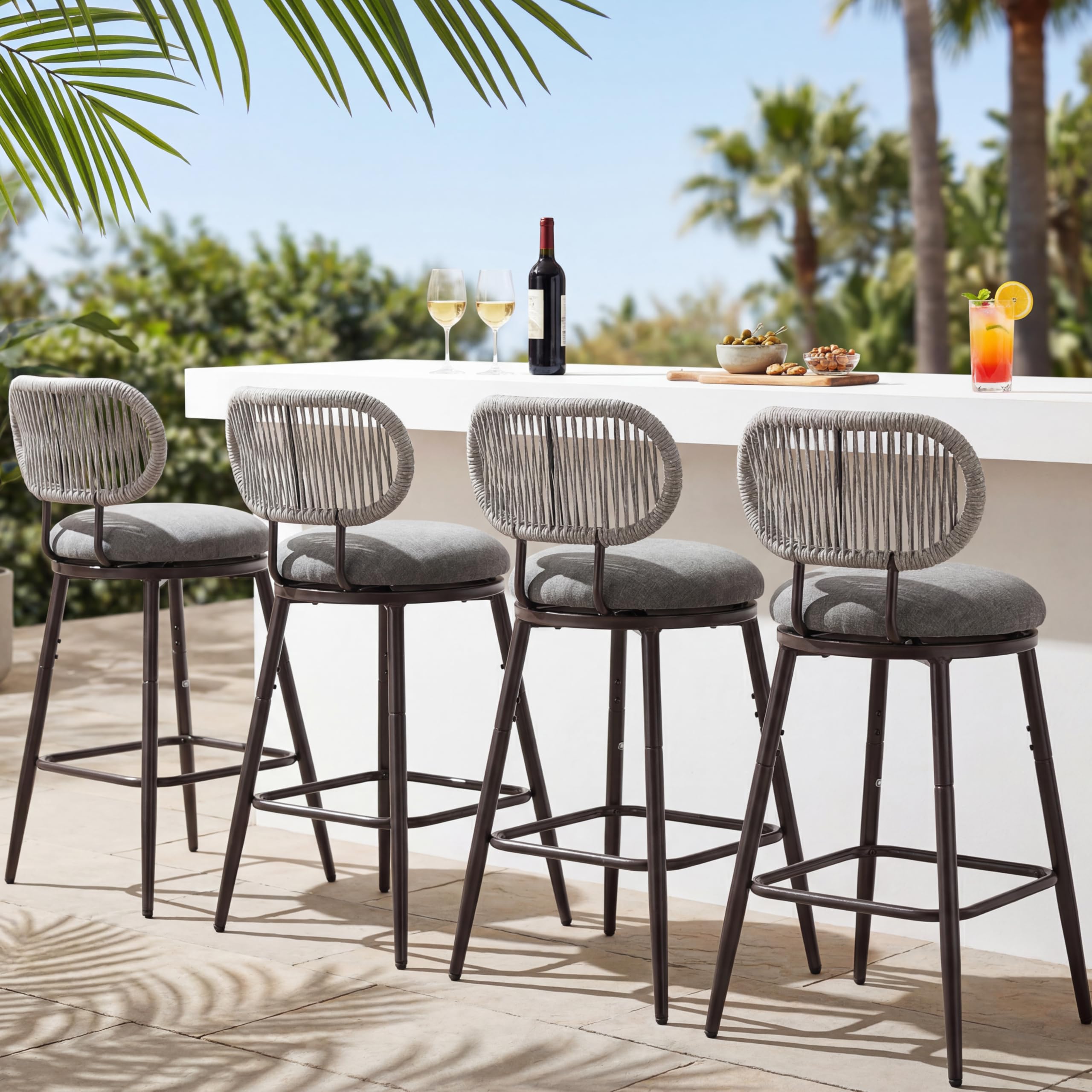 Outdoor Swivel Counter Bar Stools Set of 2, 360° Rope Counter Stools with Upholstered Seat, Metal Bar Chairs for Kitchen Island, Patio, Farmhouse, Boho, Beige