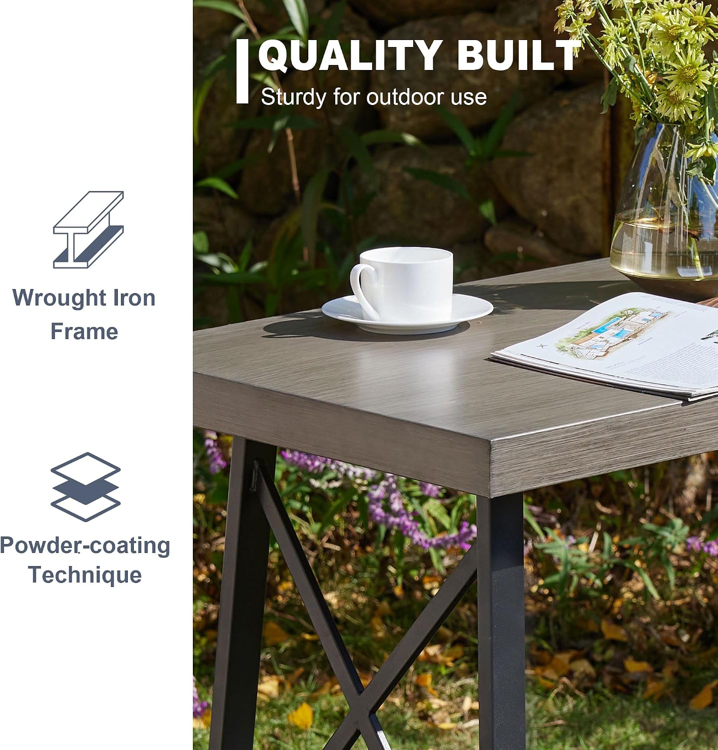 VICLLAX Patio 5 Pieces Outdoor Long Bar Set, Dining Pub Set with 41" Rectangle Bar Height Table and 2 Swivel Rattan Chairs for Lawn, Garden, Poolside, Grey