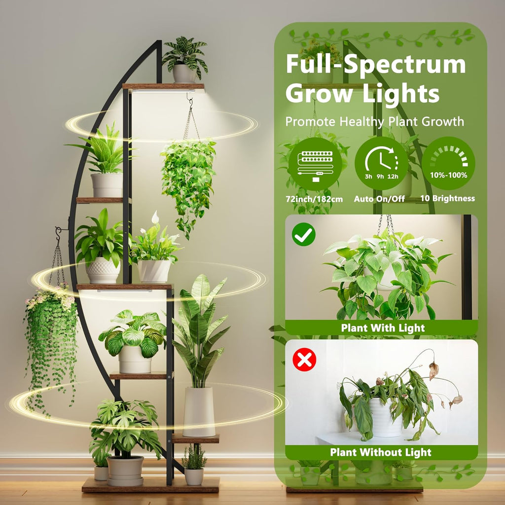2 Pcs Half-Moon 6-Tier Tall Metal Plant Stand with Grow Lights for Indoor Plant Display