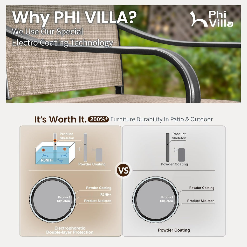PHI VILLA 7 Piece Outdoor Bar Set, Counter Height Patio Bar Furniture Rectangle Dining Table and 6 Swivel Bar Stools Chairs with Brown Textilene Fabric for Garden,Yard and Deck