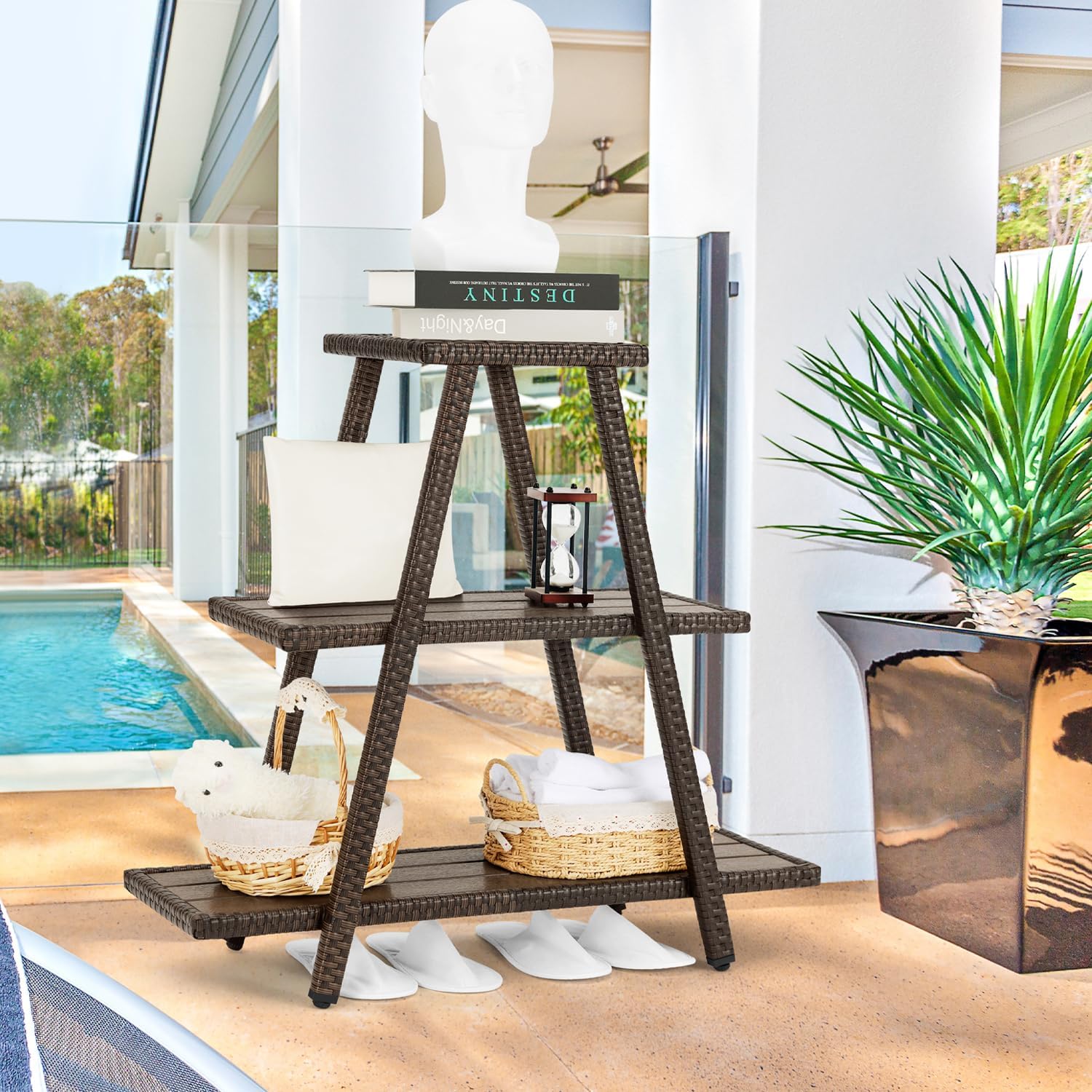 Outdoor Plant Stand for Patio 3 Tier Plant Stand Shelf with Wicker Poly Lumber Flower Stand Holder Tiered Multi Ladders Plant Holder Display Rack with Adjustable Feet for Outside Balcony Porch Brown