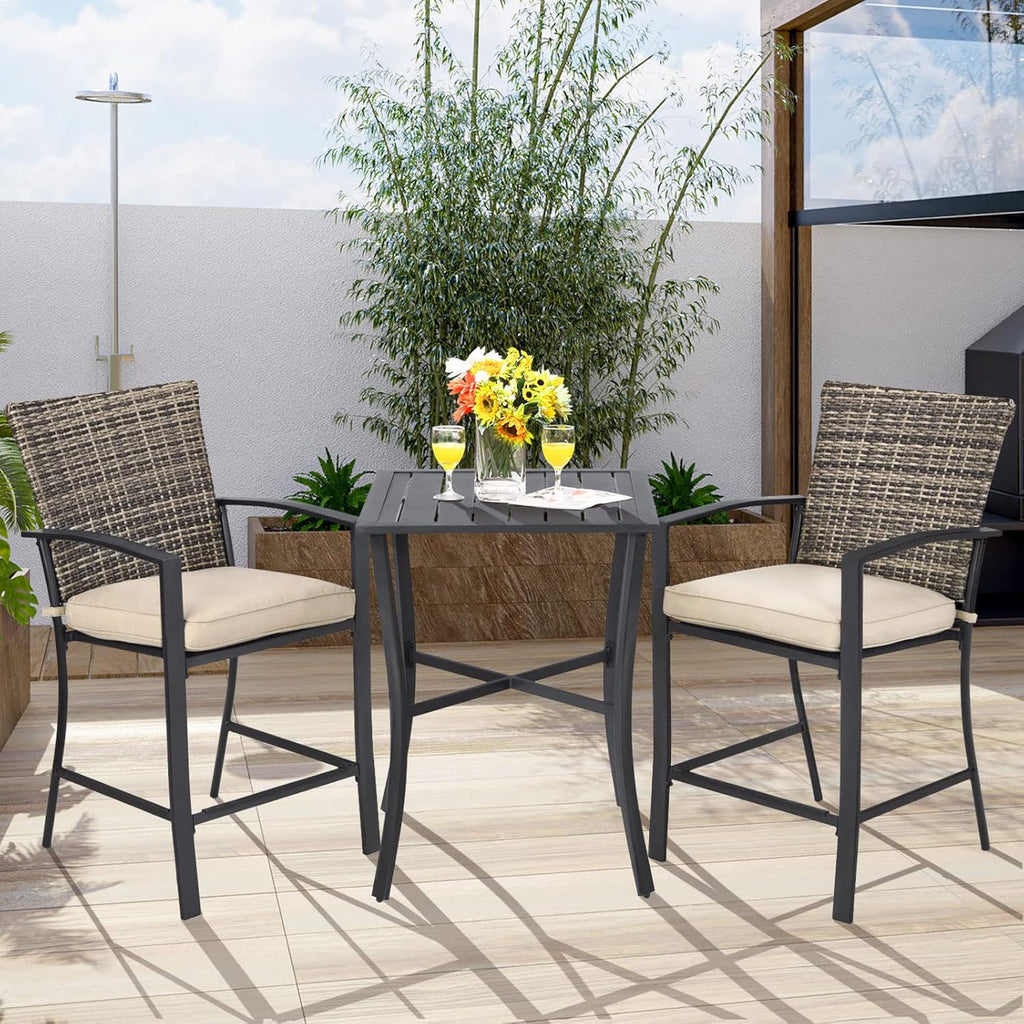 Tangkula 3 Piece Patio Bar Set, Outdoor Bistro Set w/ 27.5" Square Table, 2 Wicker Cushioned Chairs, Ergonomic Armrest & Backrest, All-Weather Rattan Furniture Set for Patio, Backyard, Garden