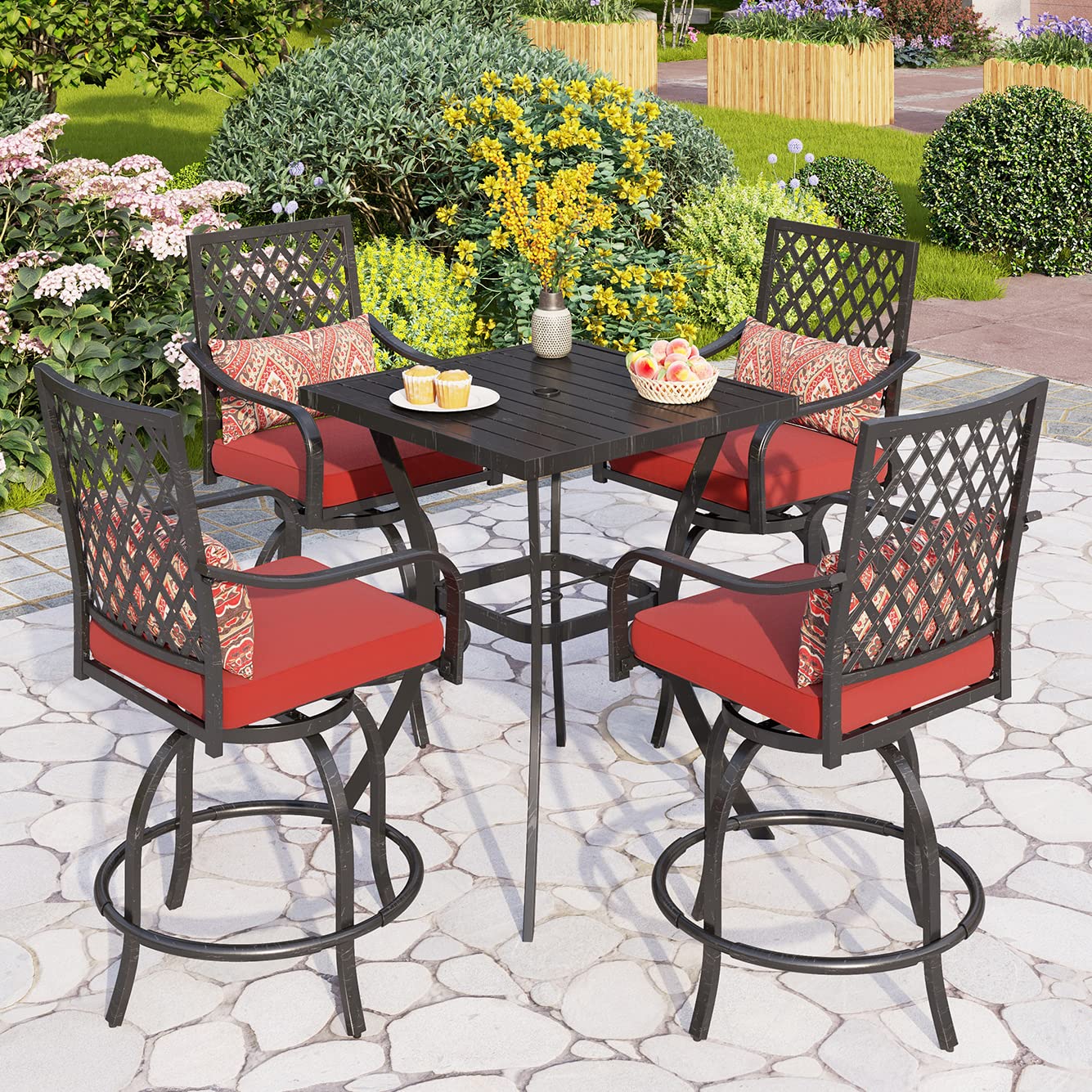PHI VILLA 7 Piece Outdoor Bar Set, Counter Height Patio Bar Furniture Rectangle Dining Table and 6 Swivel Bar Stools Chairs with Brown Textilene Fabric for Garden,Yard and Deck