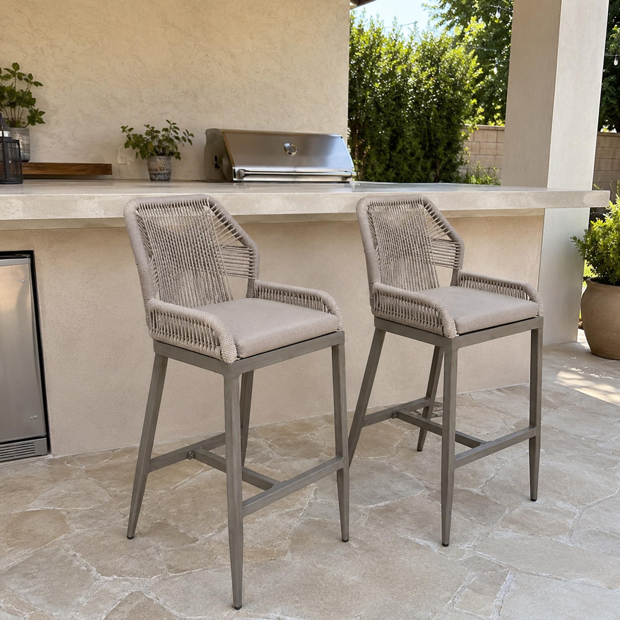 PURPLE LEAF Patio Counter Height Bar Stools 24" H Set of 2 Modern Rattan Bar Chairs Aluminum Stool Outdoor Wicker Barstools with Back and Cushion for Garden Kitchen Island