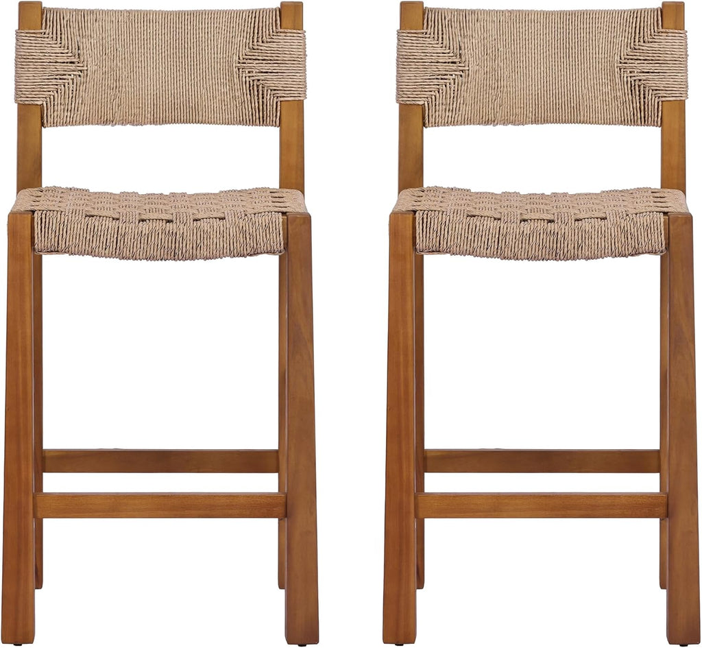 Christopher Knight Home 2-Pack Outdoor Counter Height Bar Stools with Backrest, Acacia Wood Frame Woven Wicker, 28" Patio Bar Chairs with Teak Finish for Deck Balcony Outdoor Bar Table, Light Brown