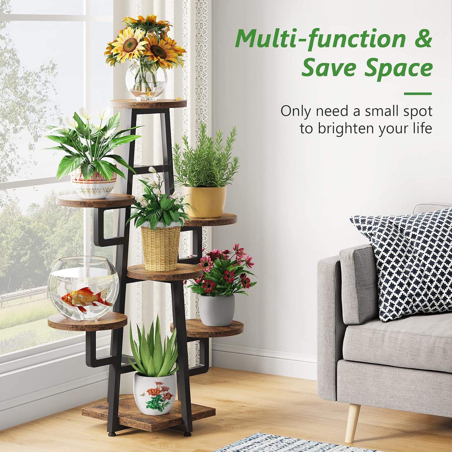Tribesigns 7 Tier Plant Stand Indoor for Multiple Plants, Wooden Corner Plant Pots Holder Rack Flower Stand Tall Shelf Planter Organizer for Living Room Balcony Garden, Rustic Brown