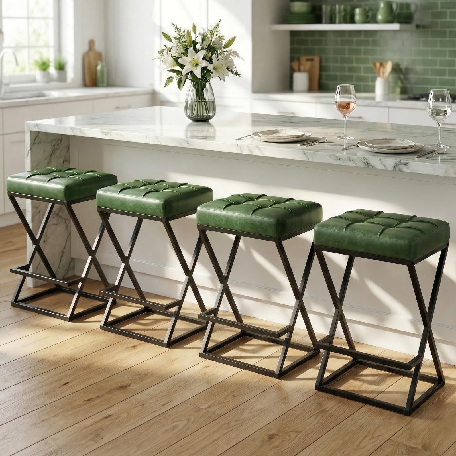 2 Pack Walnut Brown Faux Leather Backless Counter Stools with Metal X Frame Legs