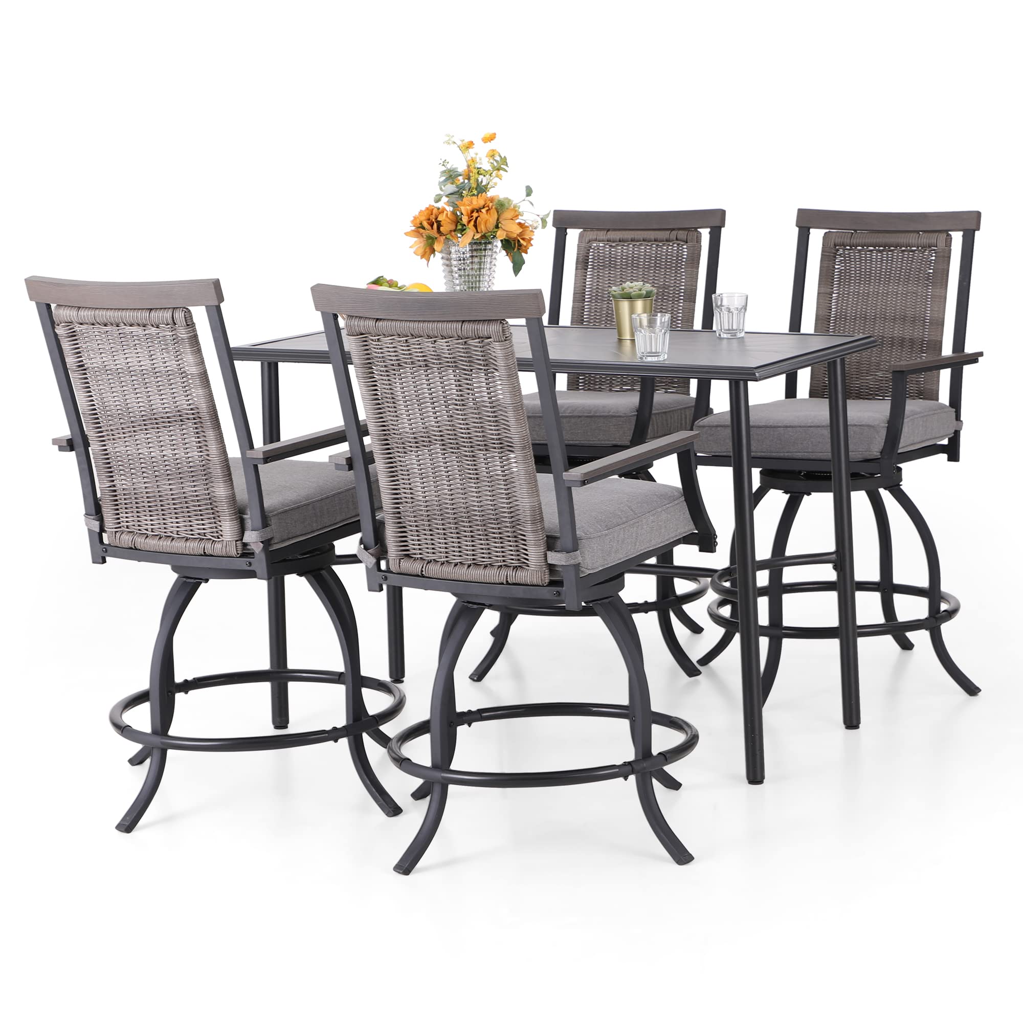 PHI VILLA 7 Piece Outdoor Bar Set, Counter Height Patio Bar Furniture Rectangle Dining Table and 6 Swivel Bar Stools Chairs with Brown Textilene Fabric for Garden,Yard and Deck