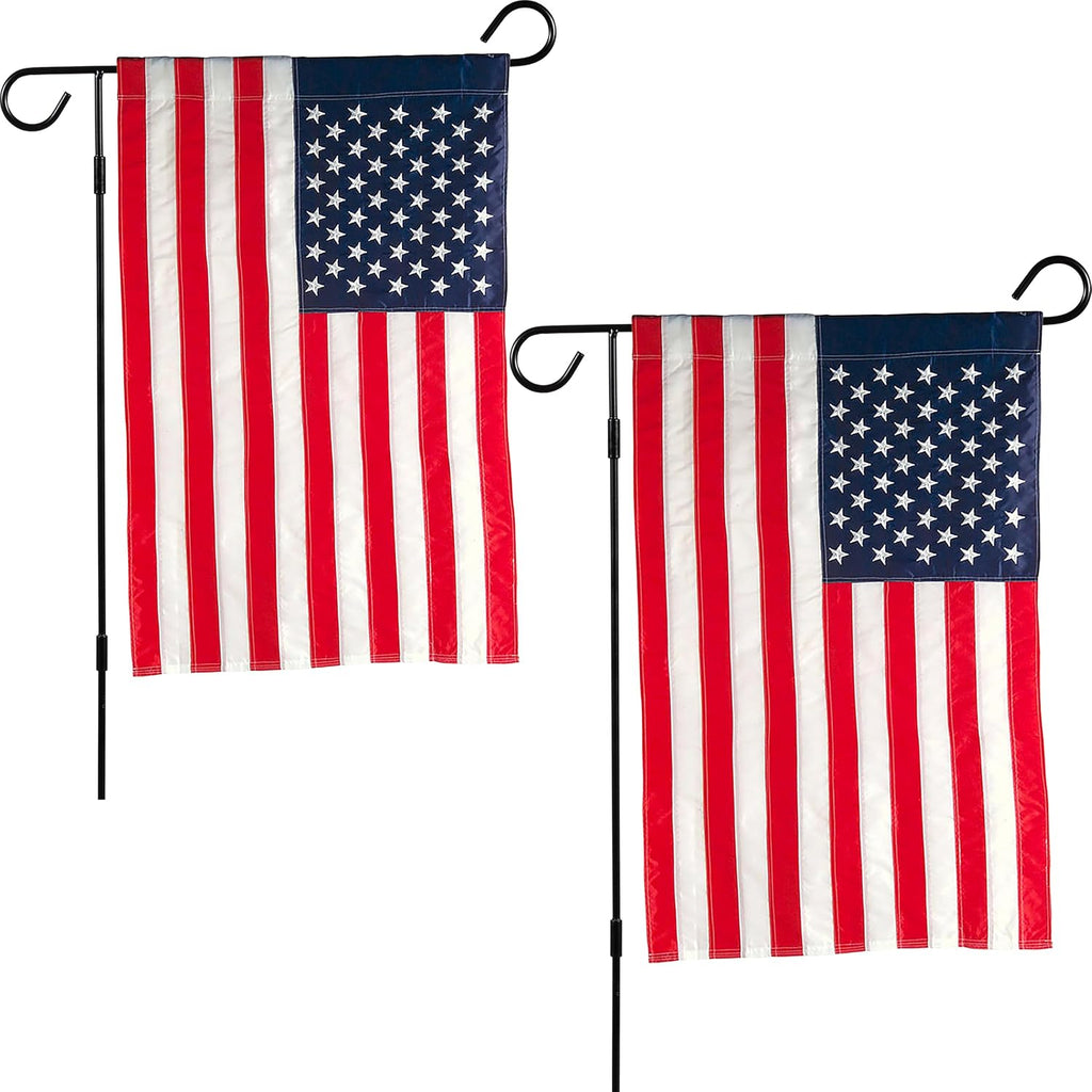 Evergreen 2 pcs American Flags with 2 Flag Stands | Set of 4 | Garden Flags 12x18 Double Sided | Patriotic House Flags For Outside | Small American Flag Garden Size | Embroidered Stars and Stripes | USA Residential or Commercial