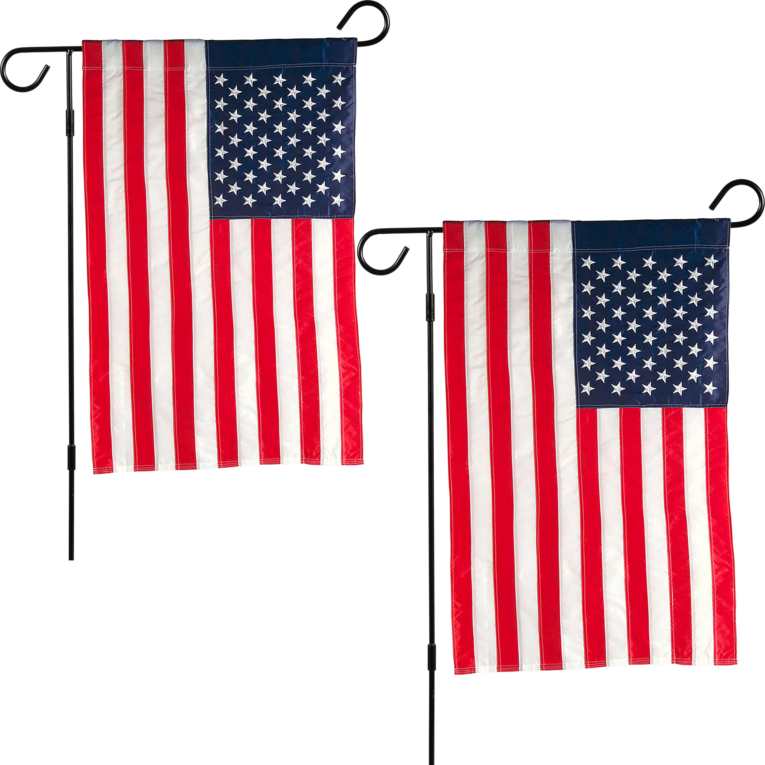 Evergreen 2 pcs American Flags with 2 Flag Stands | Set of 4 | Garden Flags 12x18 Double Sided | Patriotic House Flags For Outside | Small American Flag Garden Size | Embroidered Stars and Stripes | USA Residential or Commercial