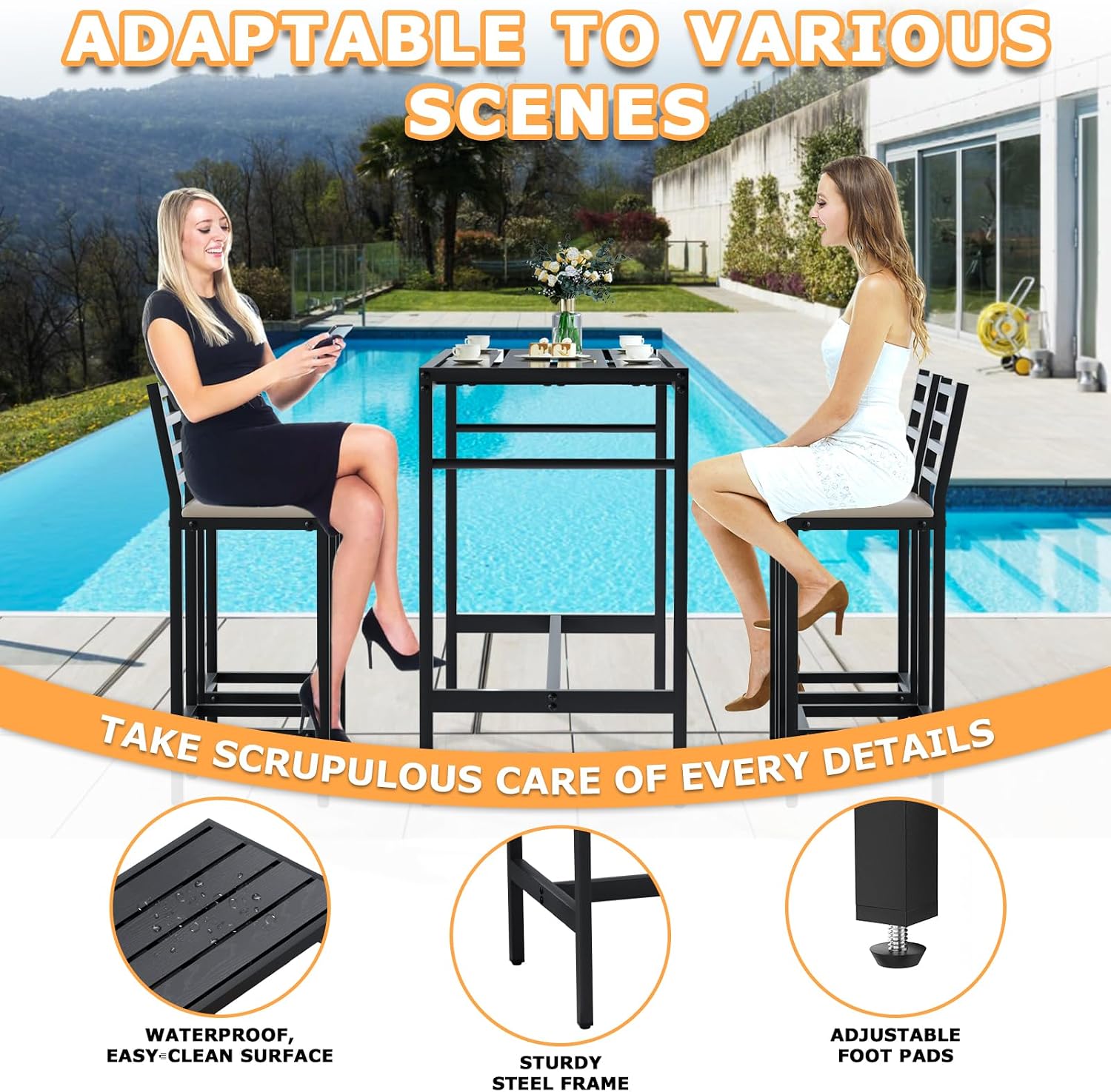 5 Piece Outdoor Bar Table & Chairs Set, 50" Rectangular Height Dining Table Set with 4 Bar Chairs Soft Seat with Backrest, High Metal Breakfast Table, High Top Table & Chairs for Kitchen, Restaurant