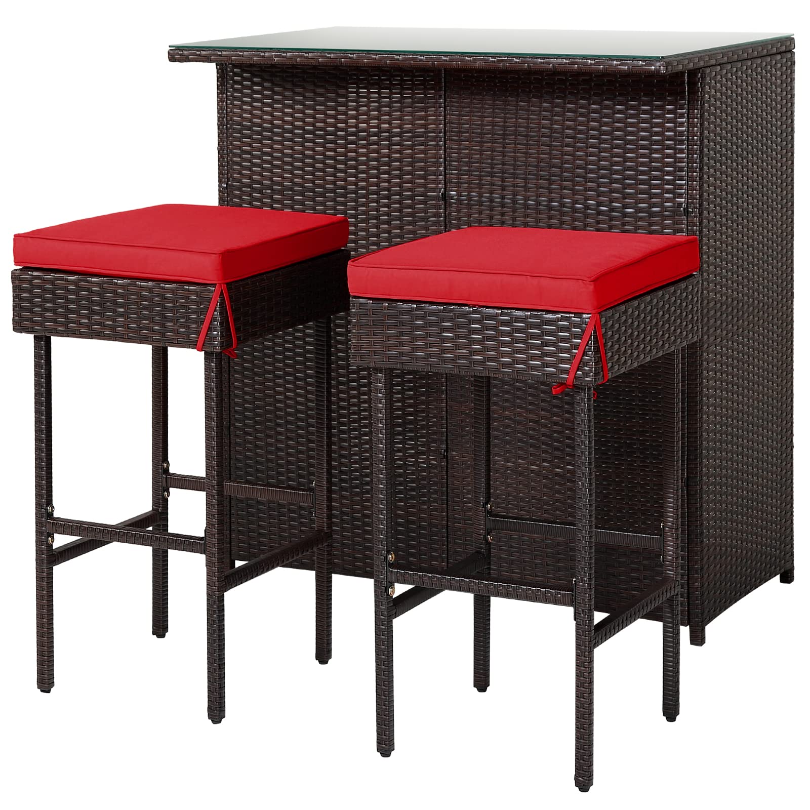 DORTALA 3 Pieces Rattan Patio Bar Table & Stool Set, Patio Furniture Set for Lawn Pool Backyard Front Porch, Dining Set w/Cushion, Beige