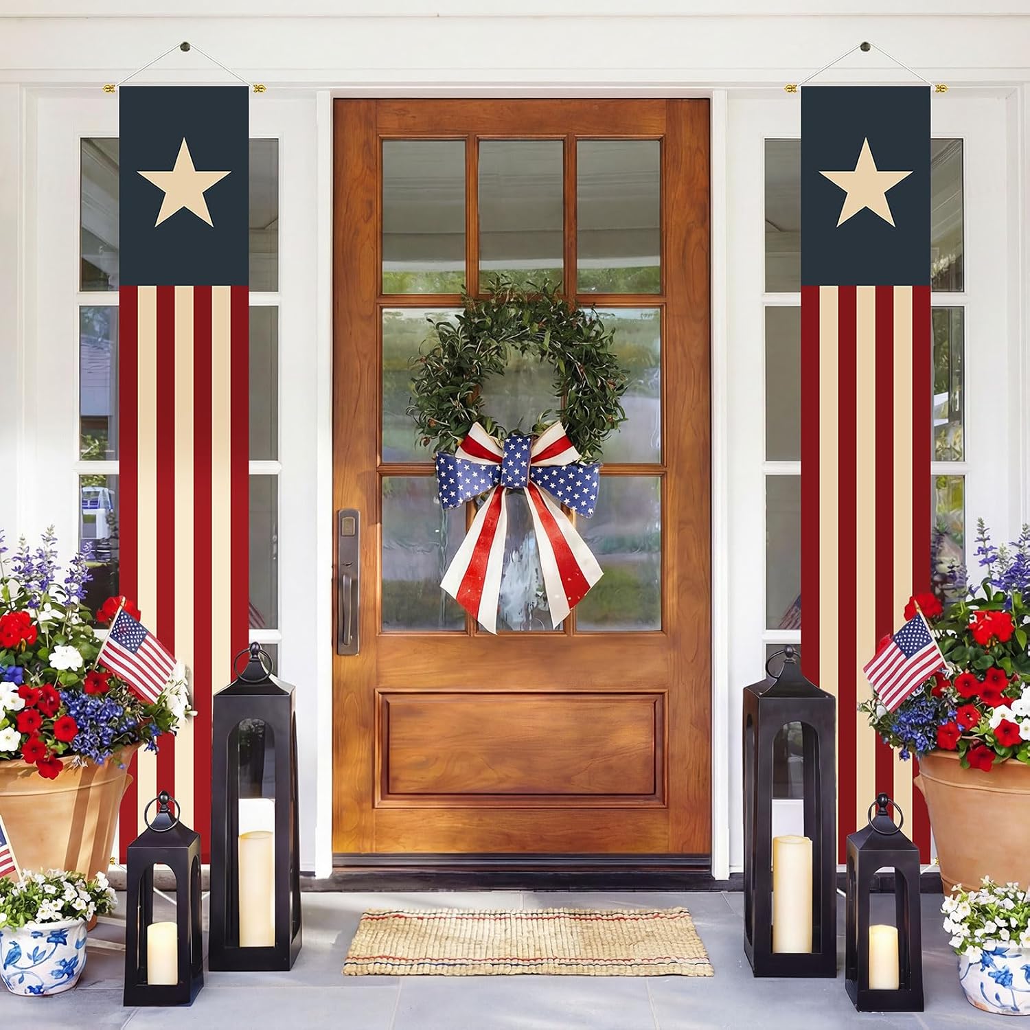 4th of July decorations: 2pcs Vintage American Flag Stars & Stripes Hanging Banners for Front Door, Patriotic Fourth of July Decorations for 250th Memorial Day Independence Indoor Outdoor Party Decor